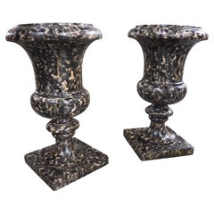 Pair of Decorative Faux Portoro Marble Wooden Campana Vases from Italy
