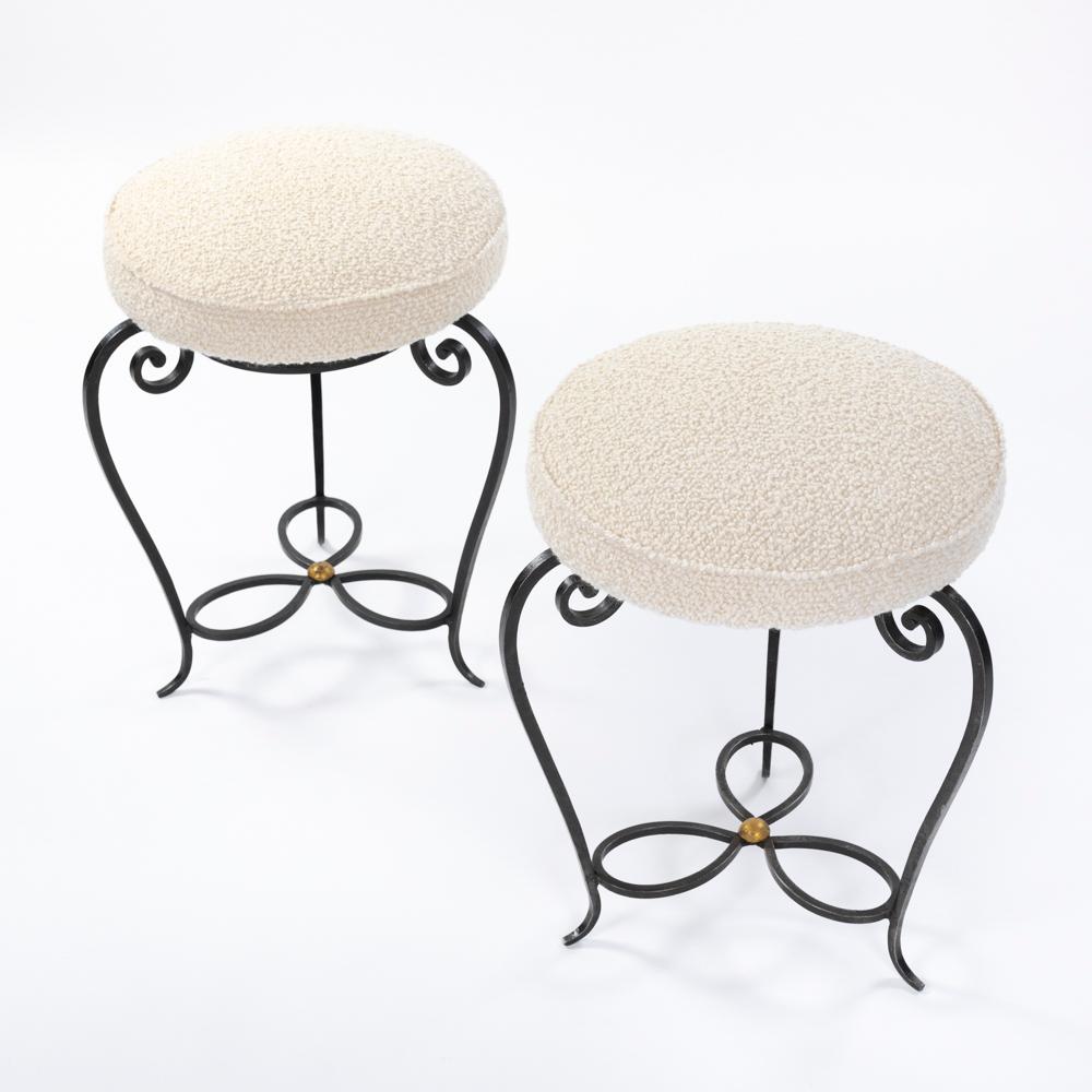 Art Deco Pair of French Art Déco Forged Iron Stools Offwhite-Colored Bouclé France 1930s For Sale
