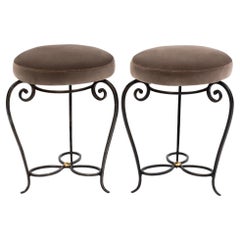 Pair of Decorative Forged Iron Art Deco Stools Taupe Colored Velvet France 1930s
