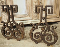 Pair of Decorative French 1940s Wrought Iron and Tole Fireplace Chenets