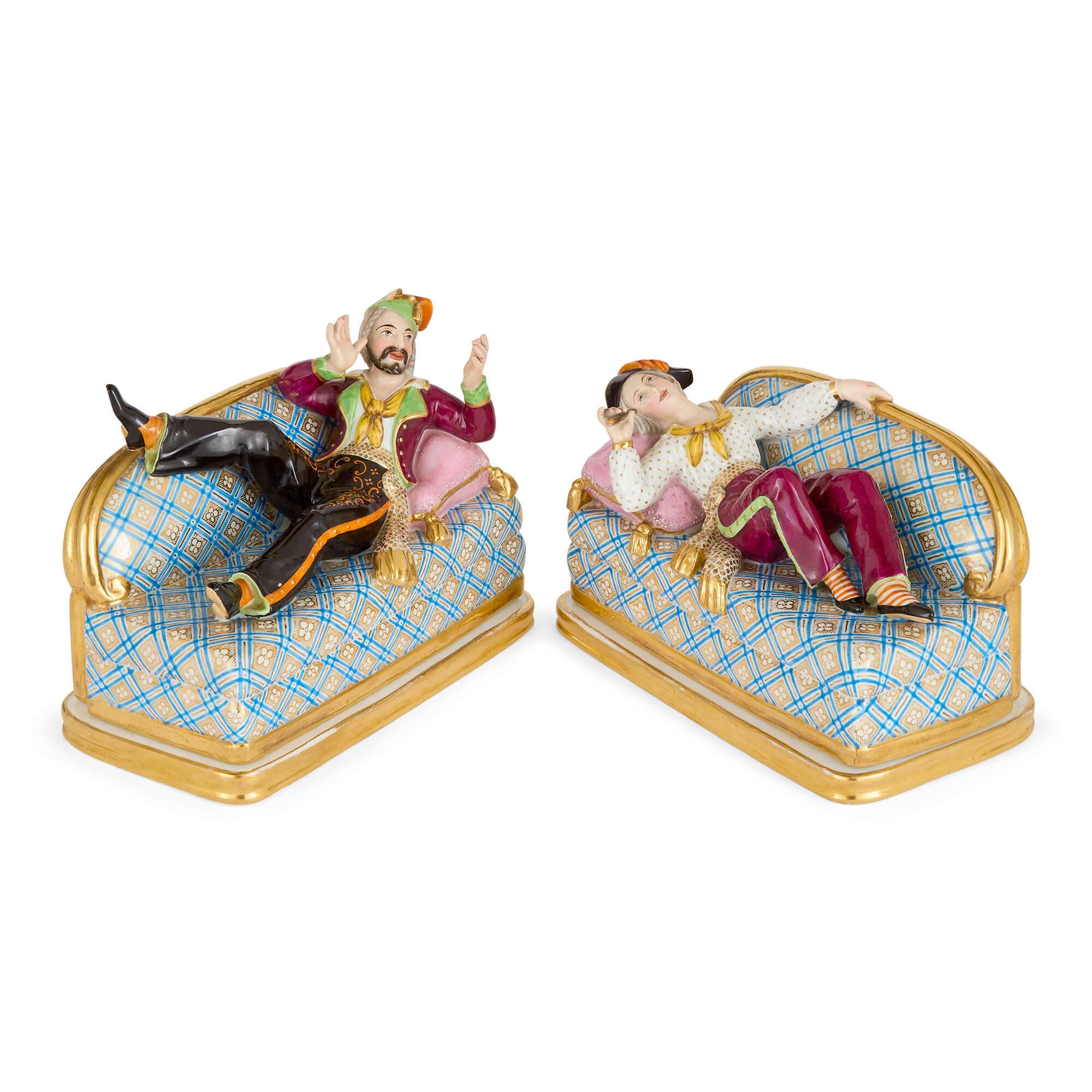 Pair of decorative French antique butter dishes by Ruaud
French, c. 1860
Height 14cm, width 19cm, depth 10cm

These charming 19th-century butter dishes reflect the whimsical creativity of mid-Victorian design. Made by Ruaud, a Limoges porcelain