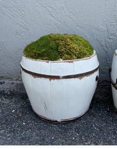 Zwei dekorative französische bemalte Holzfass-Pflanzgefäße mit Moos bestückt