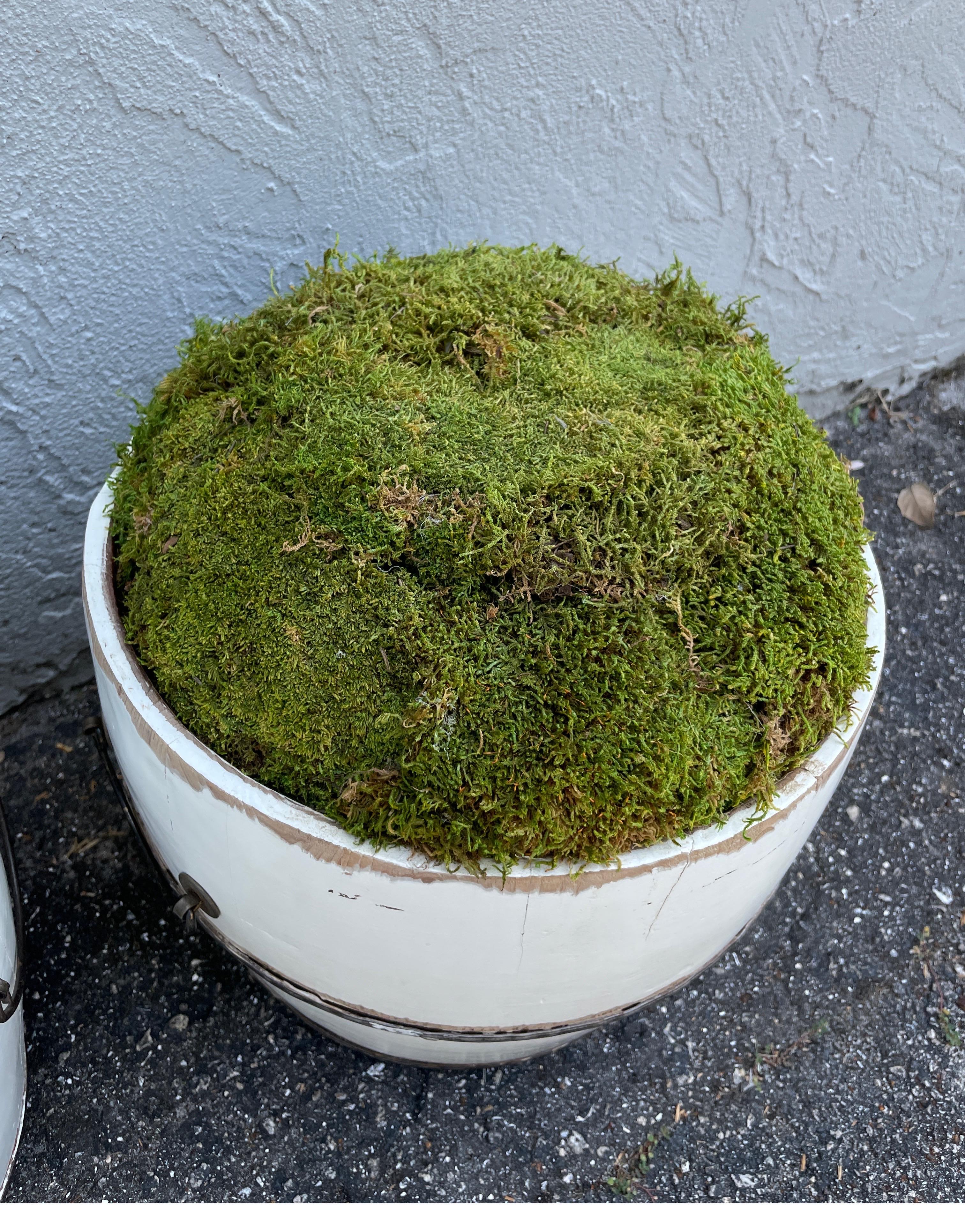 Paire de jardinières décoratives en forme de tonneau en bois peint, garnies de mousse Bon état - En vente à West Palm Beach, FL