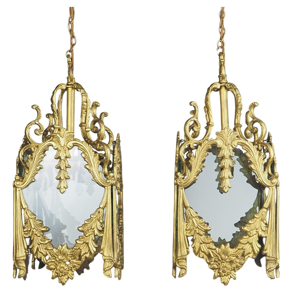 Pair of Decorative French Rococo Gilt Brass Lanterns