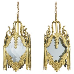 Vintage Pair of Decorative French Rococo Gilt Brass Lanterns