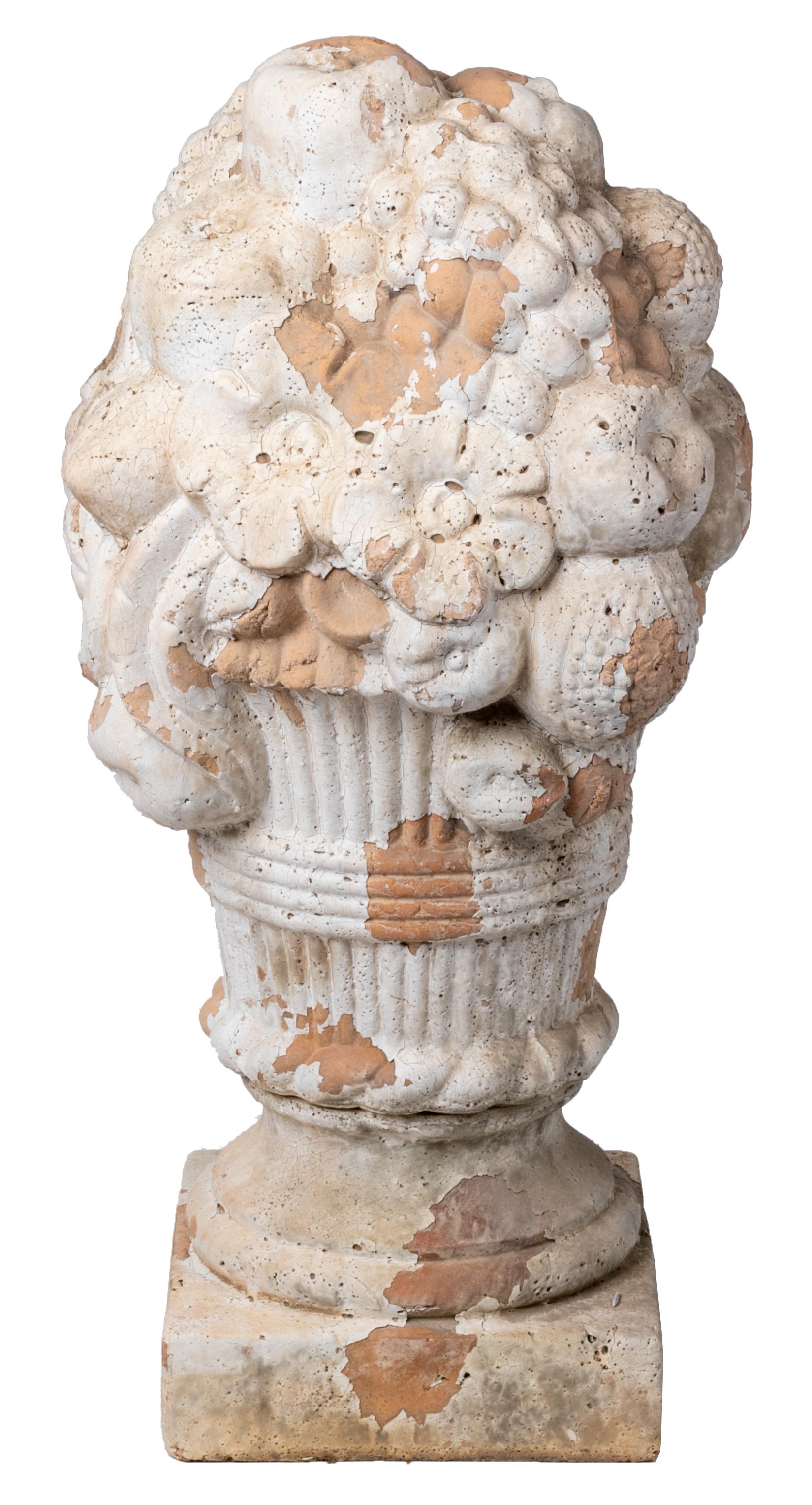 Pair of decorative French terracotta flower vases, for the garden and ideal tops for columns.