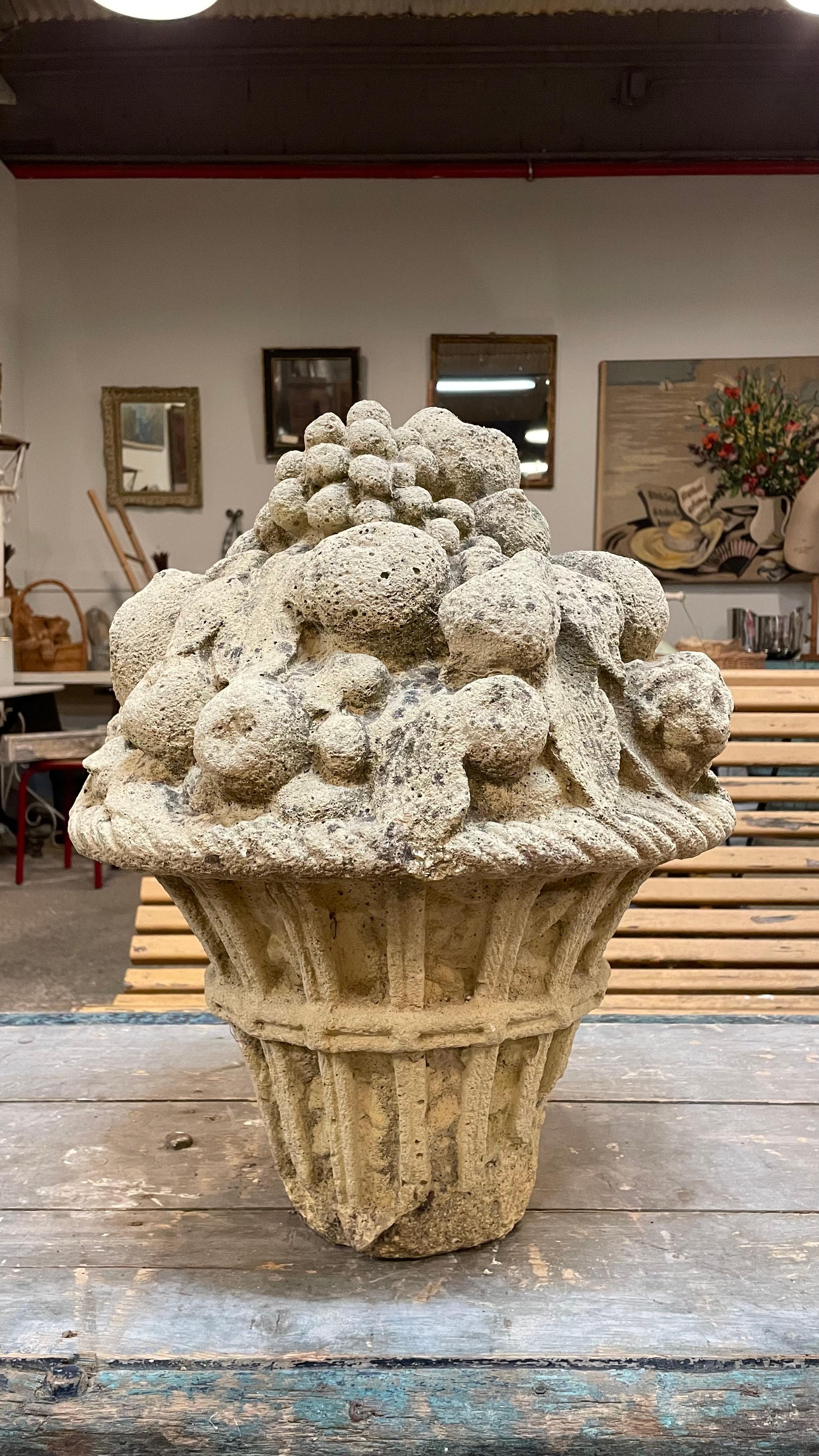 Hand-Carved Pair of Decorative Fruit Filled Garden Urns in Reconstituted Stone from France For Sale