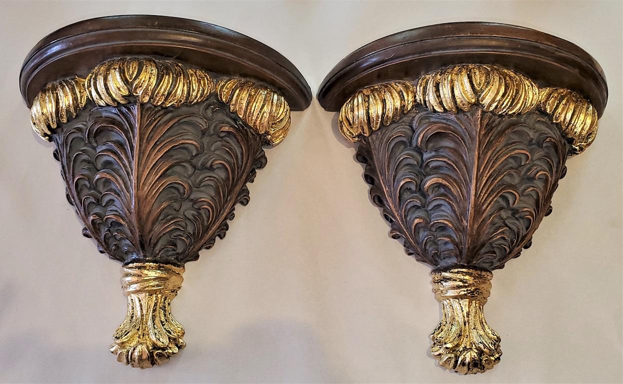 Pair of Decorative Gilt Floral Wall Brackets or Shelves In Good Condition In Dallas, TX