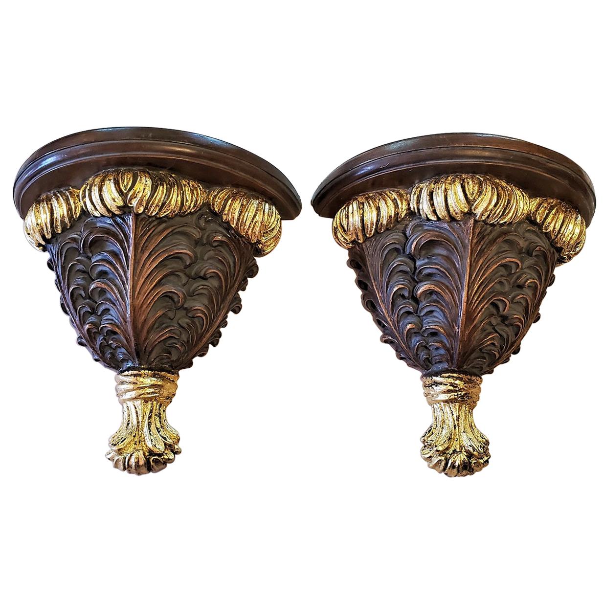 Pair of Decorative Gilt Floral Wall Brackets or Shelves