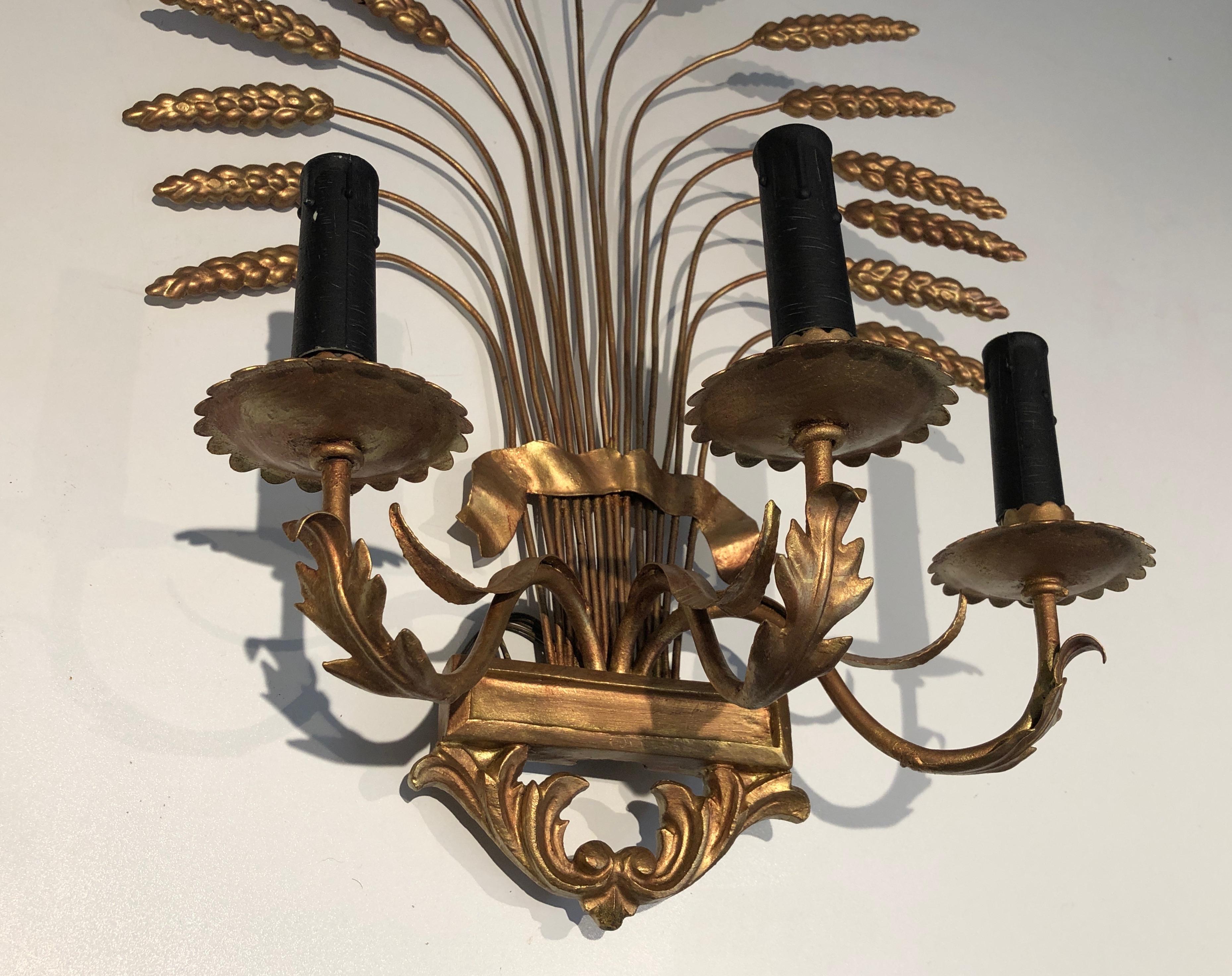Pair of Decorative Gilt Wheat Wall Sconces, in the Style of Coco Channel 2