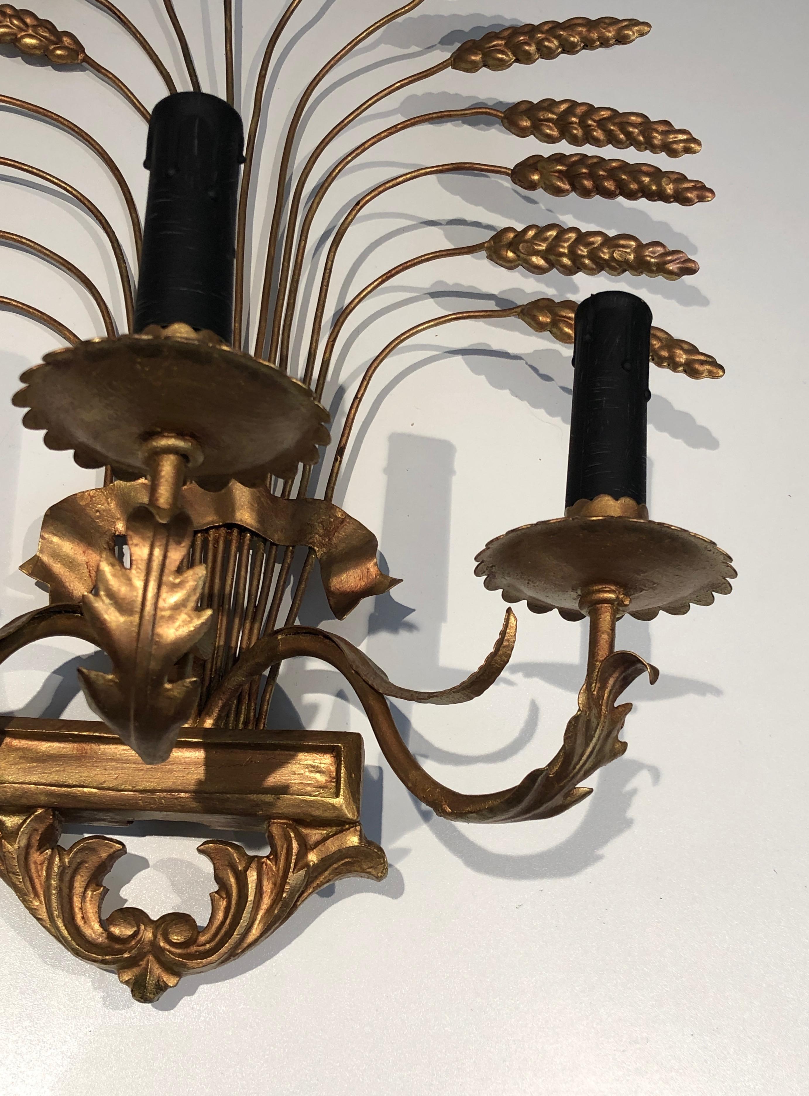 Pair of Decorative Gilt Wheat Wall Sconces, in the Style of Coco Channel 3