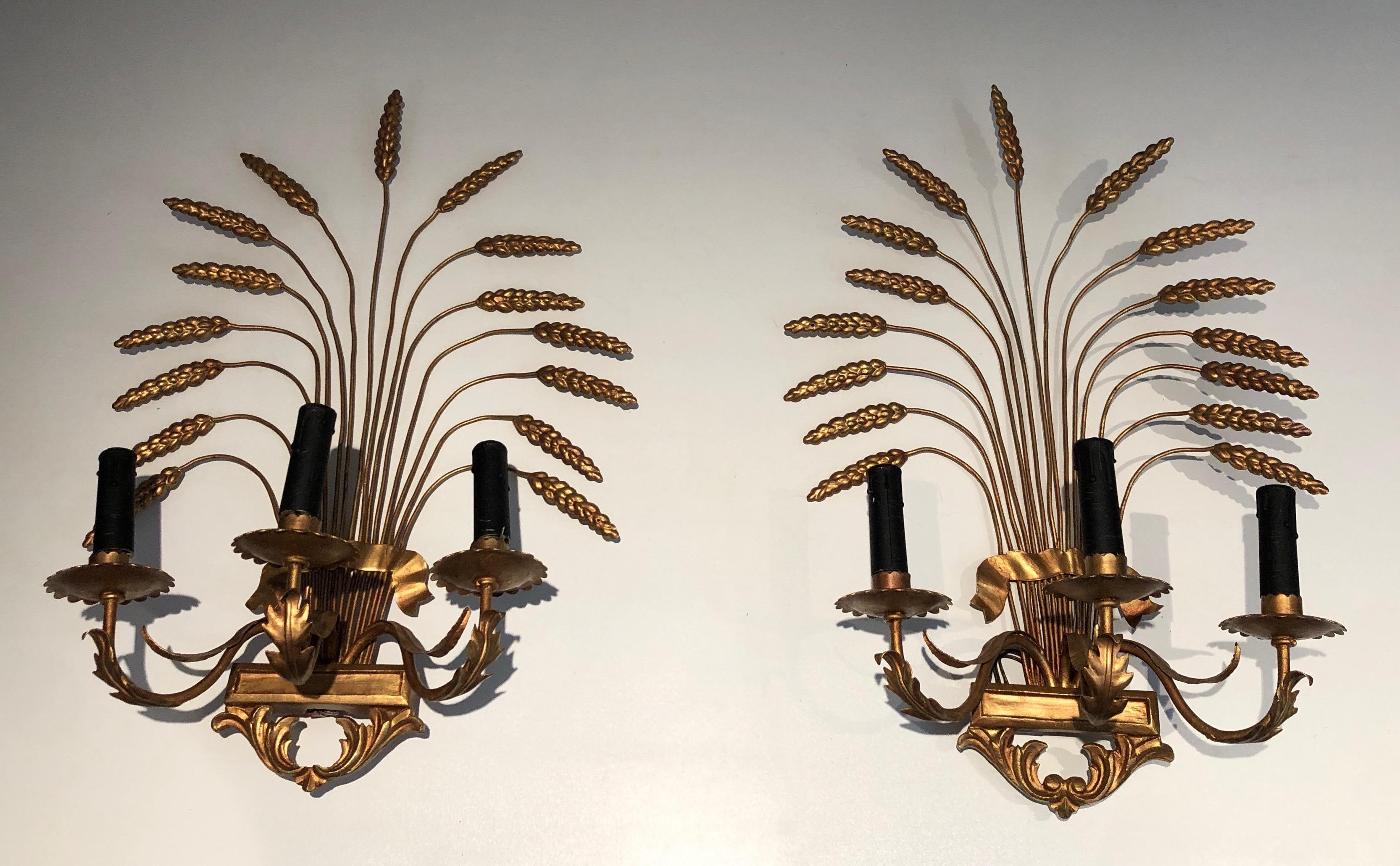 Pair of Decorative Gilt Wheat Wall Sconces, in the Style of Coco Channel 4