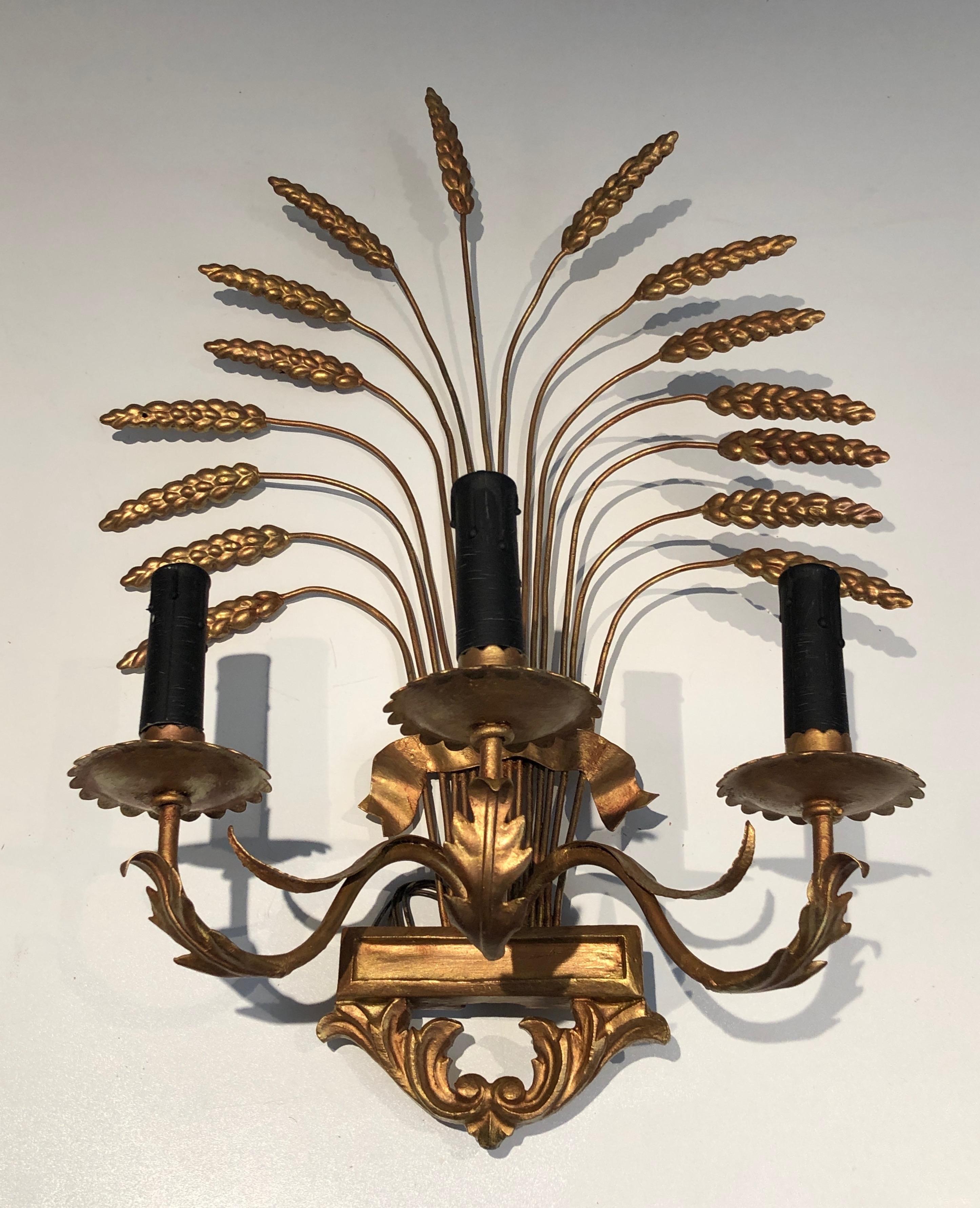 Pair of Decorative Gilt Wheat Wall Sconces, in the Style of Coco Channel 5