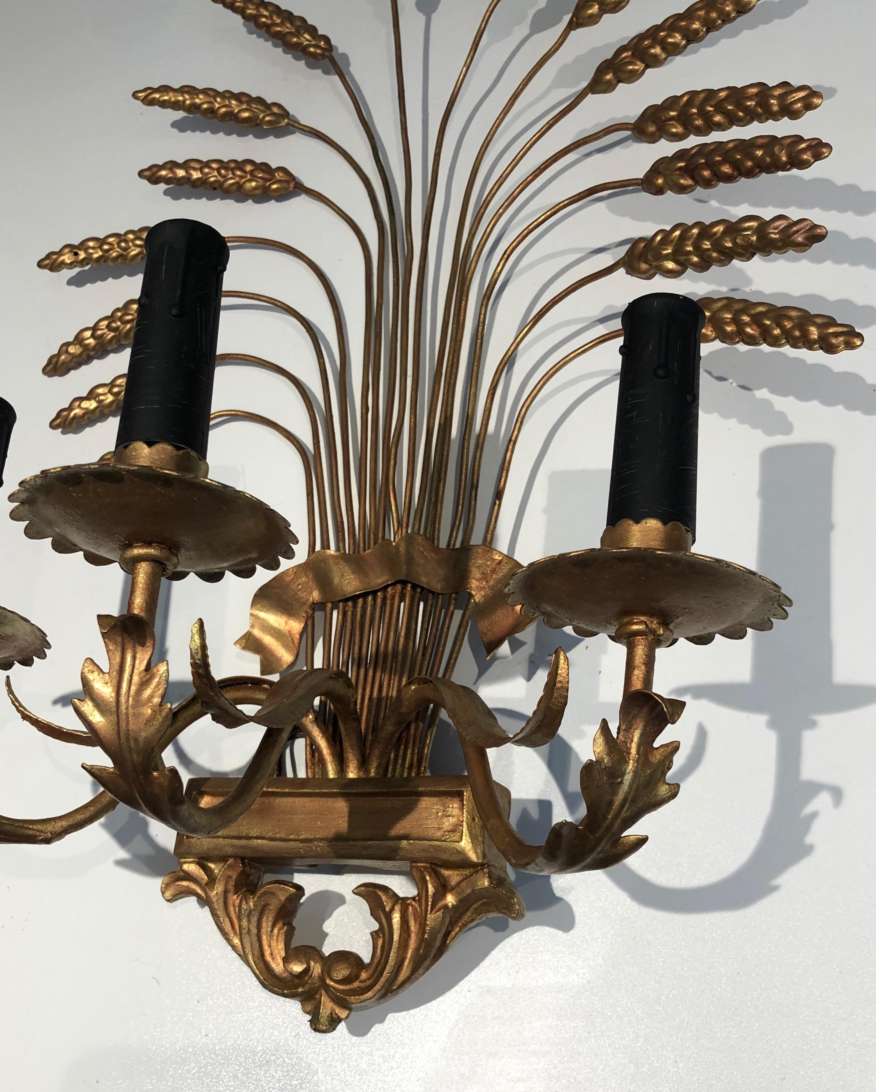 Pair of Decorative Gilt Wheat Wall Sconces, in the Style of Coco Channel 8