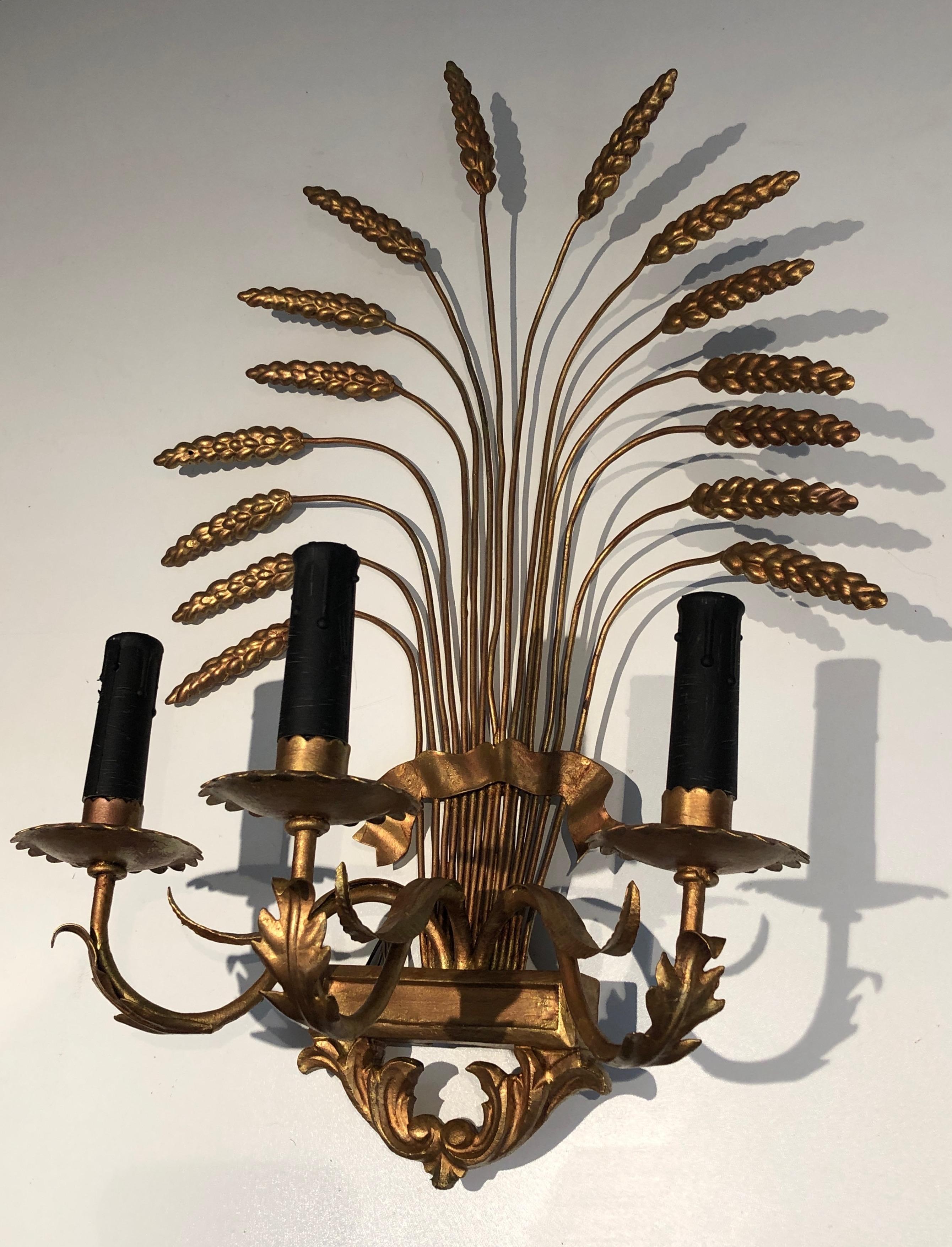 Pair of Decorative Gilt Wheat Wall Sconces, in the Style of Coco Channel 10