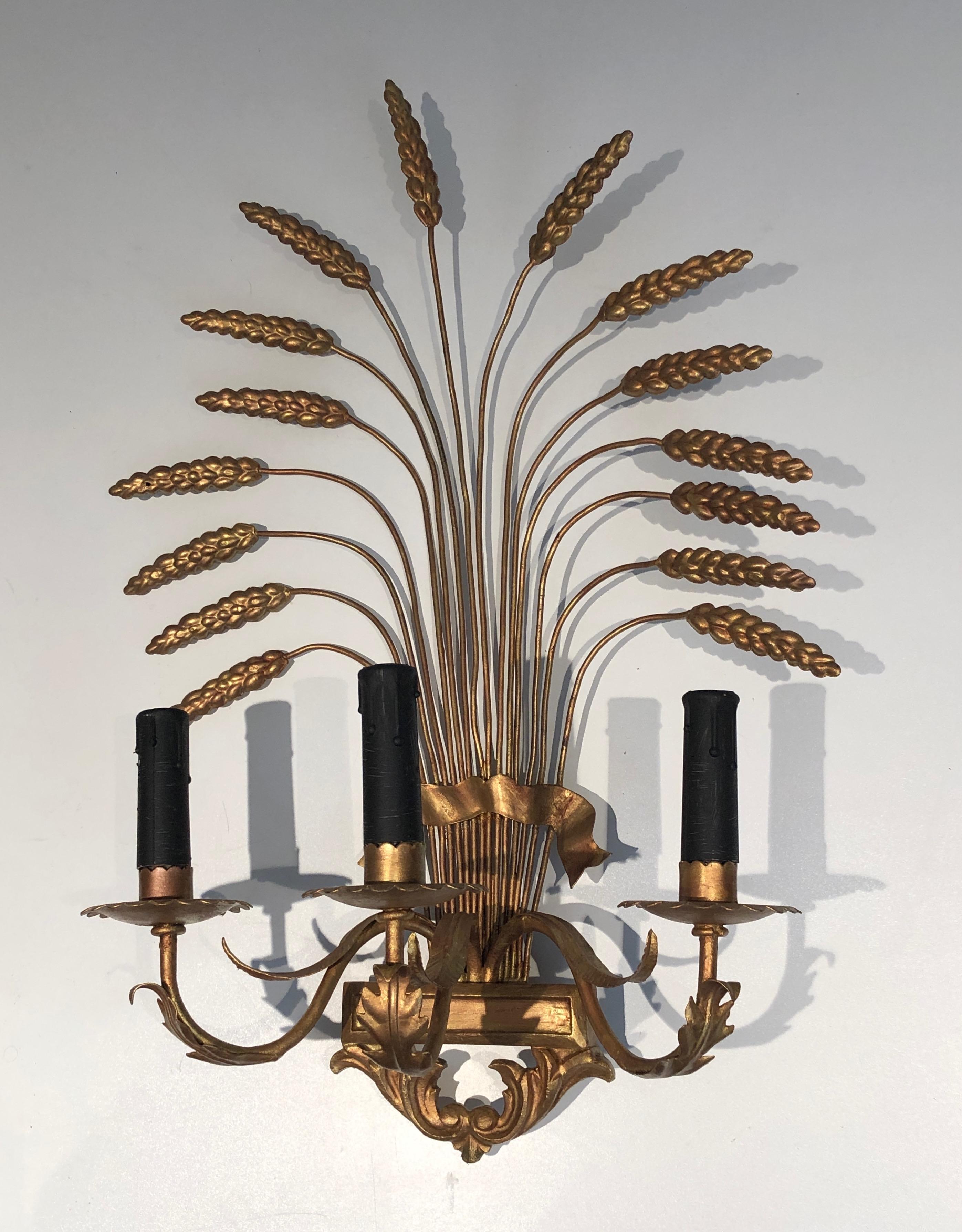 Pair of Decorative Gilt Wheat Wall Sconces, in the Style of Coco Channel 11