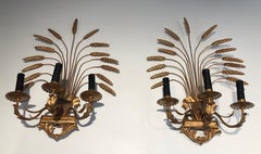 Pair of Decorative Gilt Wheat Wall Sconces, in the Style of Coco Channel