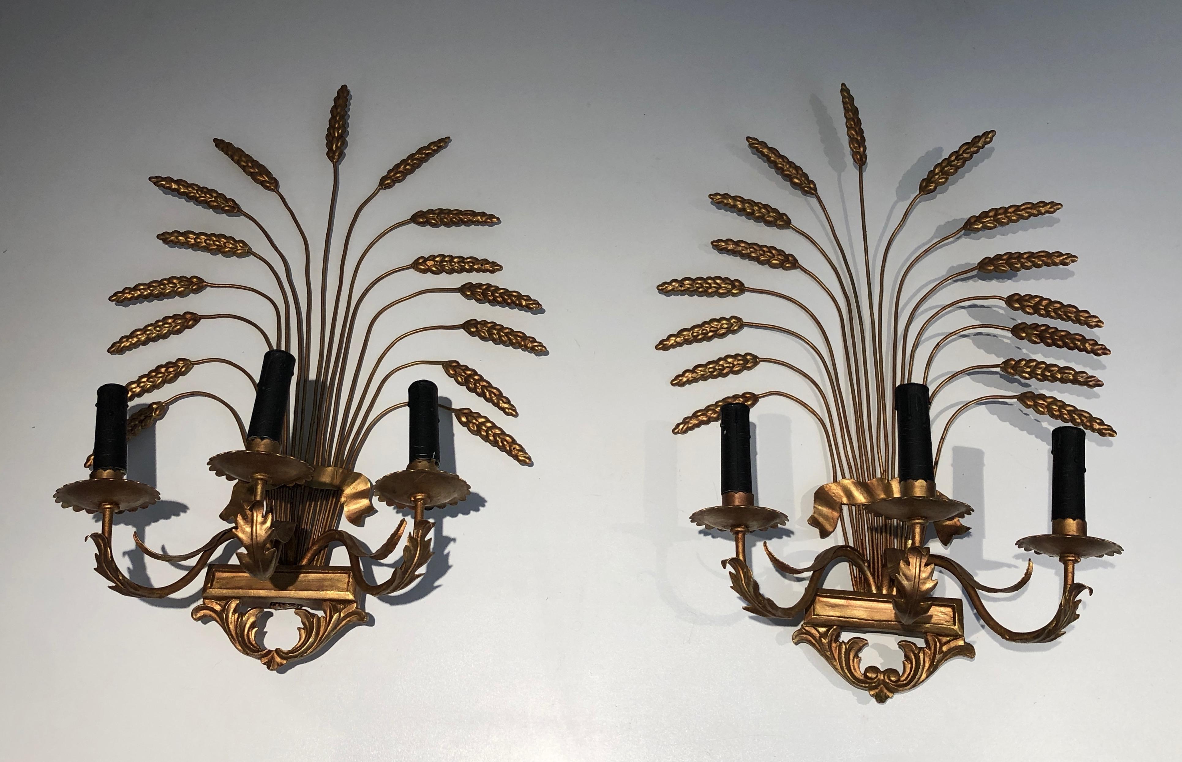 Pair of Decorative Gilt Wheat Wall Sconces, in the Style of Coco Channel 12