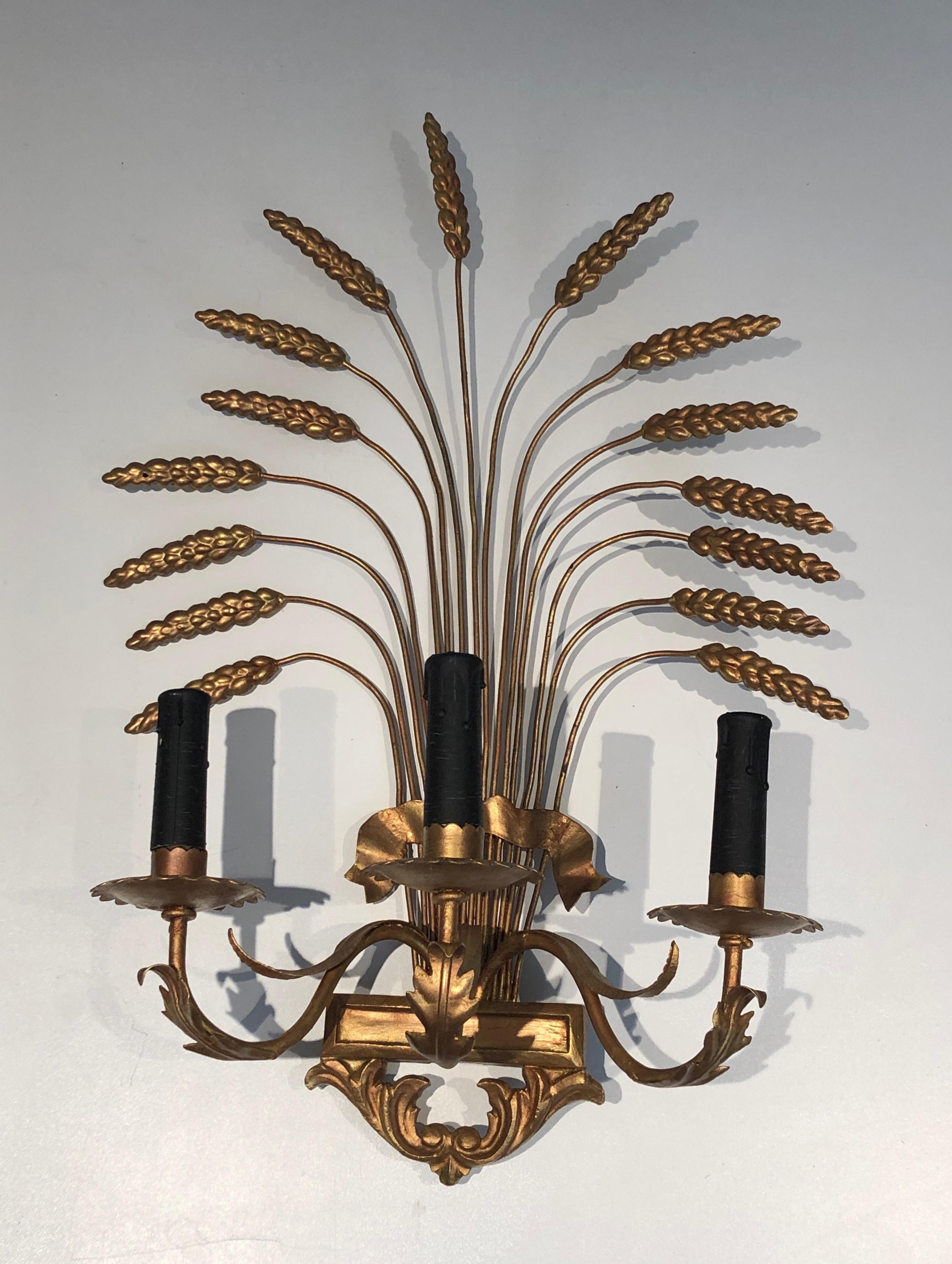 Mid-Century Modern Pair of Decorative Gilt Wheat Wall Sconces, in the Style of Coco Channel