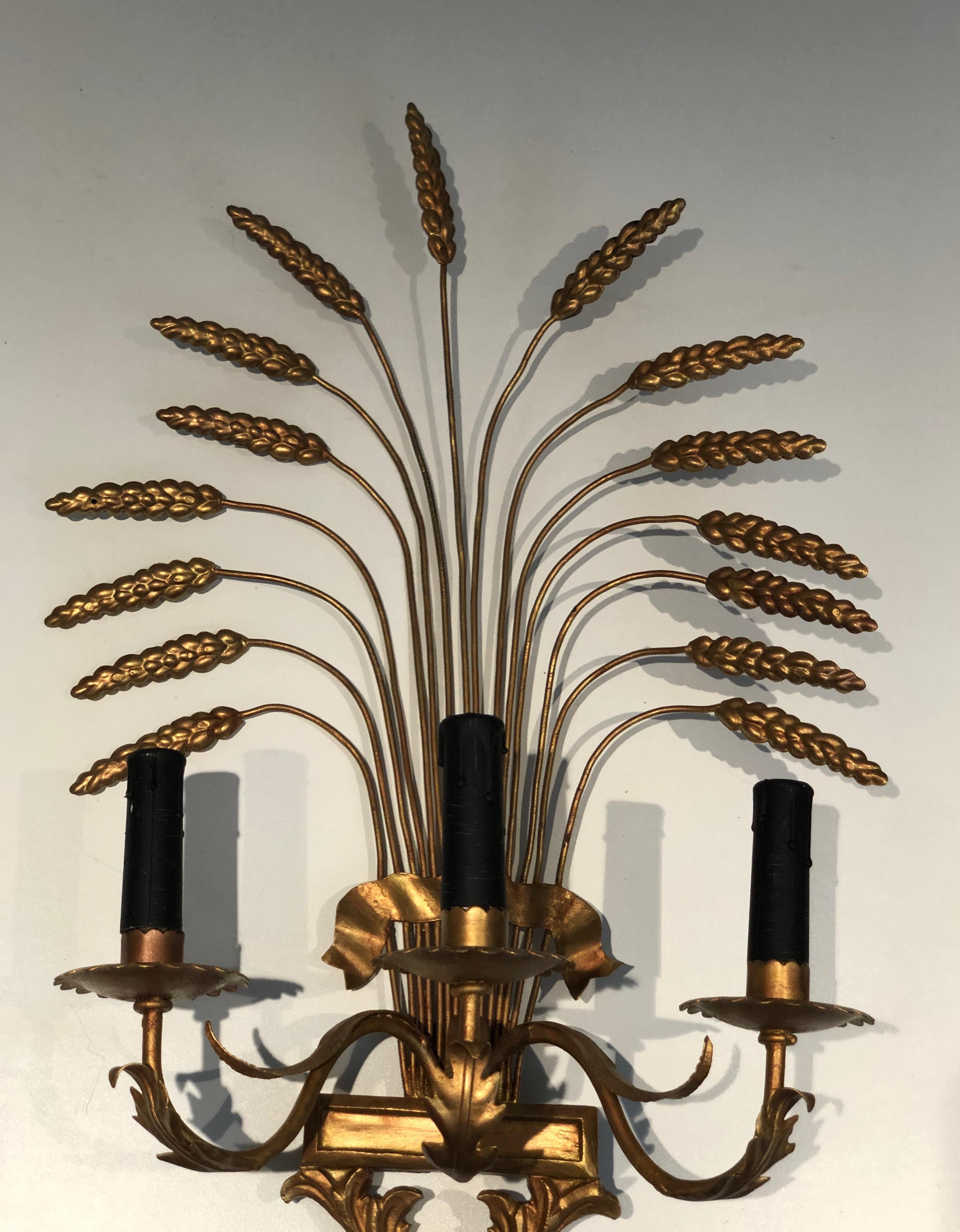 Late 20th Century Pair of Decorative Gilt Wheat Wall Sconces, in the Style of Coco Channel
