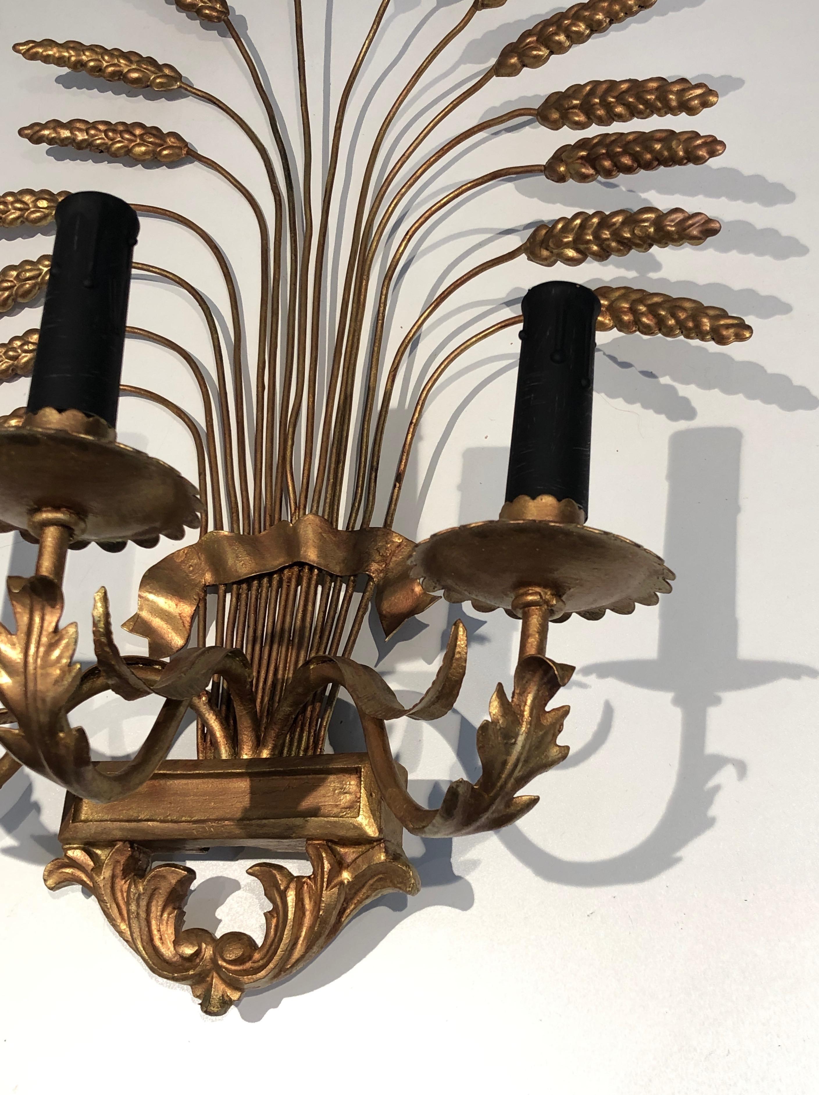 Metal Pair of Decorative Gilt Wheat Wall Sconces, in the Style of Coco Channel