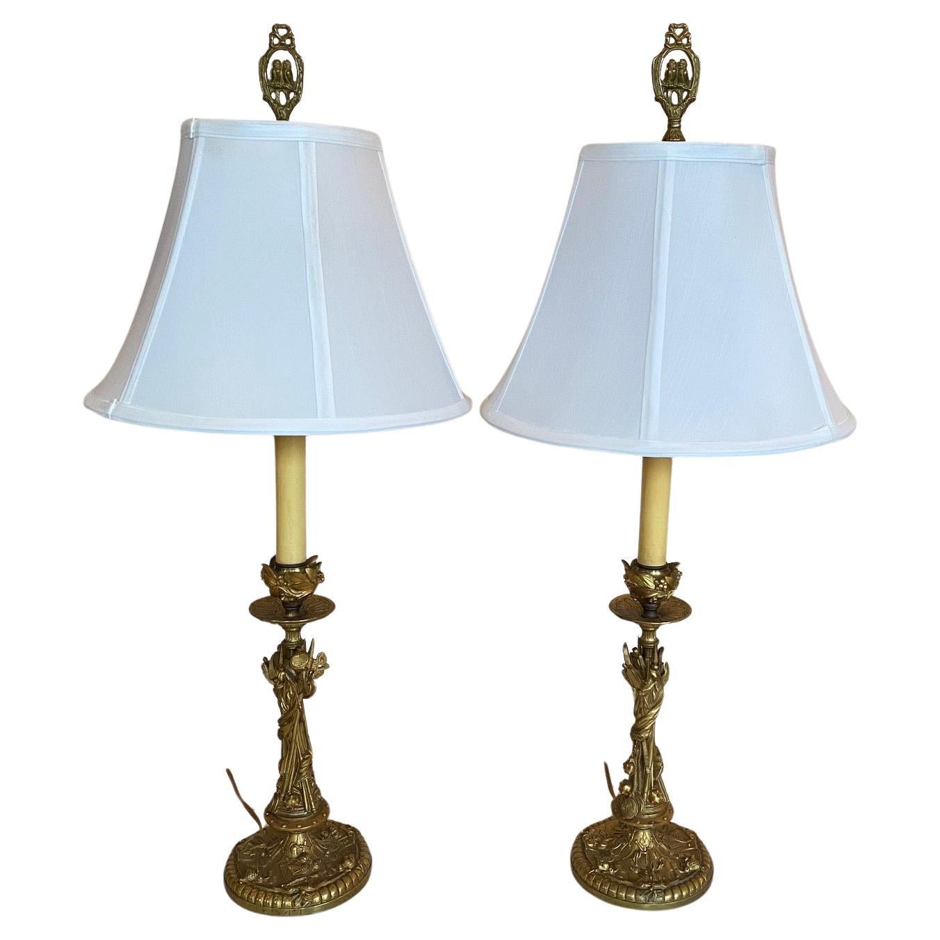 Pair of Decorative Gold Figural French Gilt Brass Table Lamps  For Sale