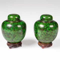 Pair Of Decorative Green Ginger Cloisonné Jars