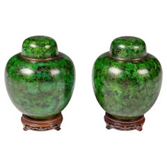 Pair Of Decorative Green Ginger Cloisonné Jars