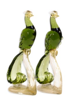 Pair of Decorative Green & Gold Murano Art Glass Birds of Paradise Sculptures