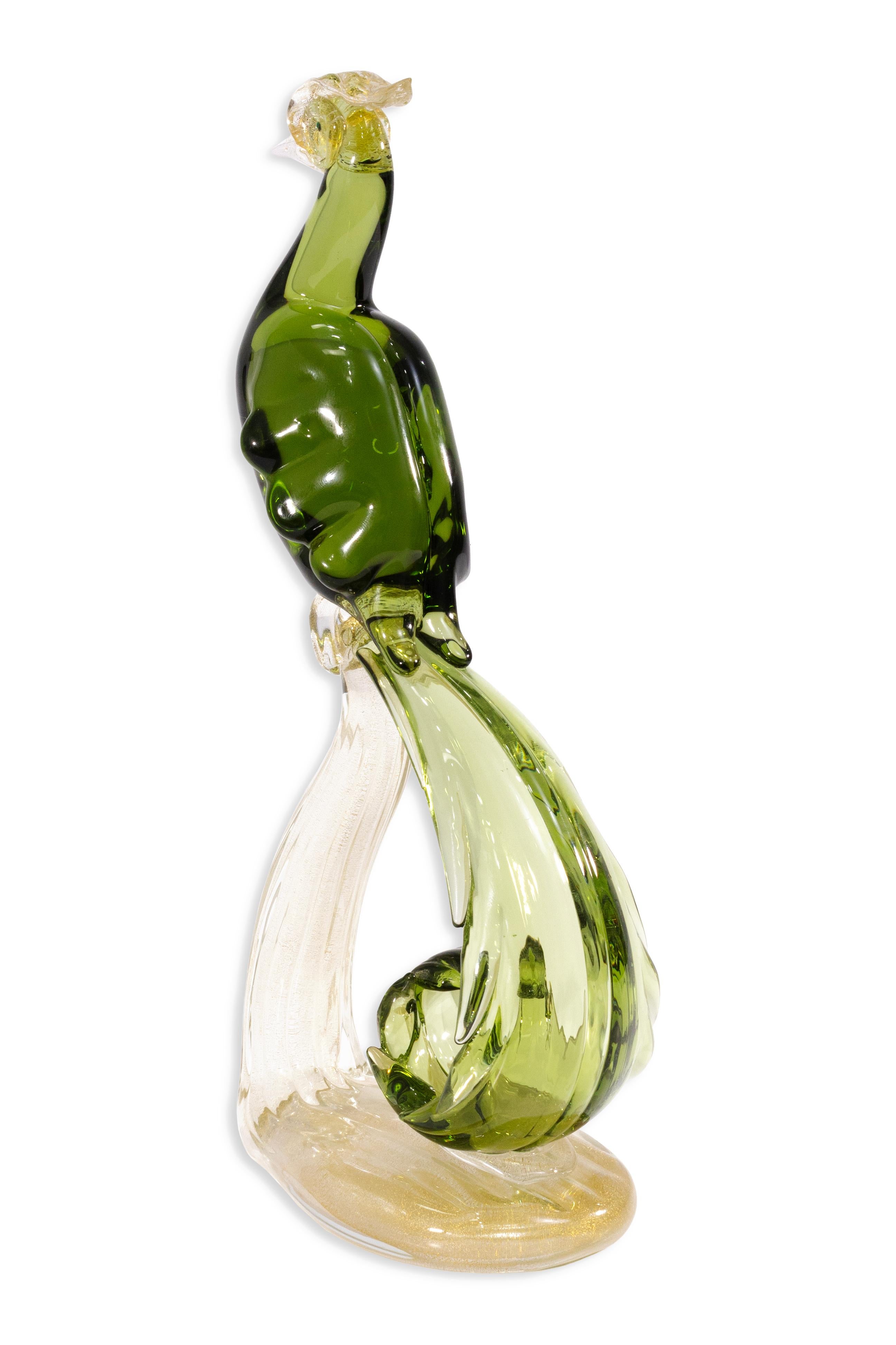 Paire de sculptures décoratives en verre de Murano vert et or représentant des oiseaux de paradis Bon état - En vente à Keego Harbor, MI