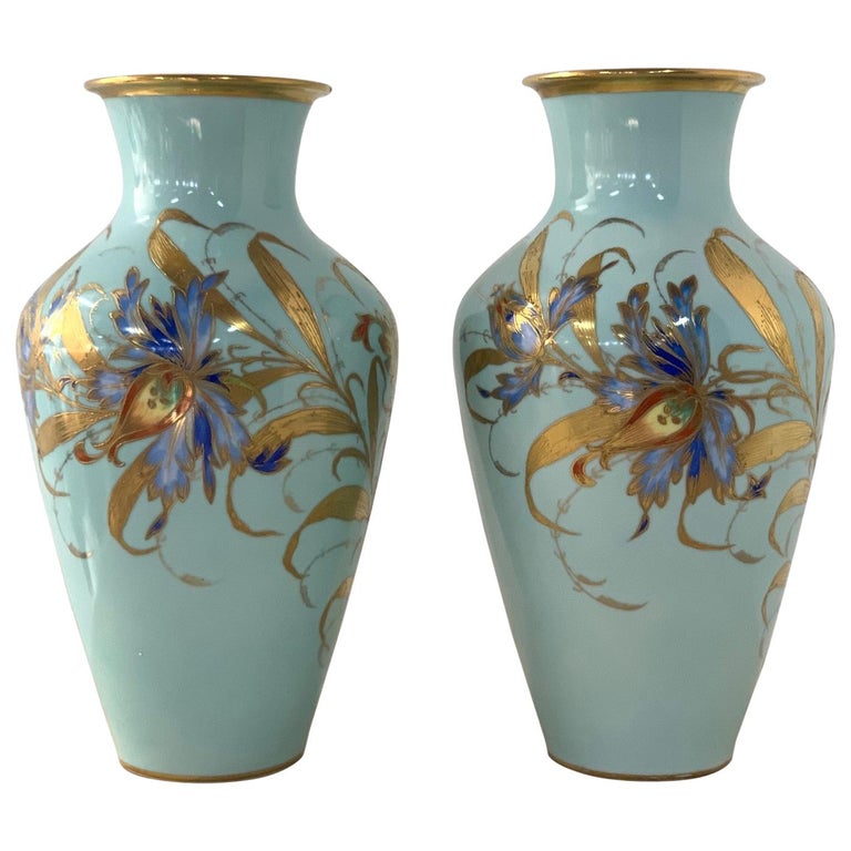 Pair of Decorative Hand Painted Ceramic Vases For Sale at 1stdibs