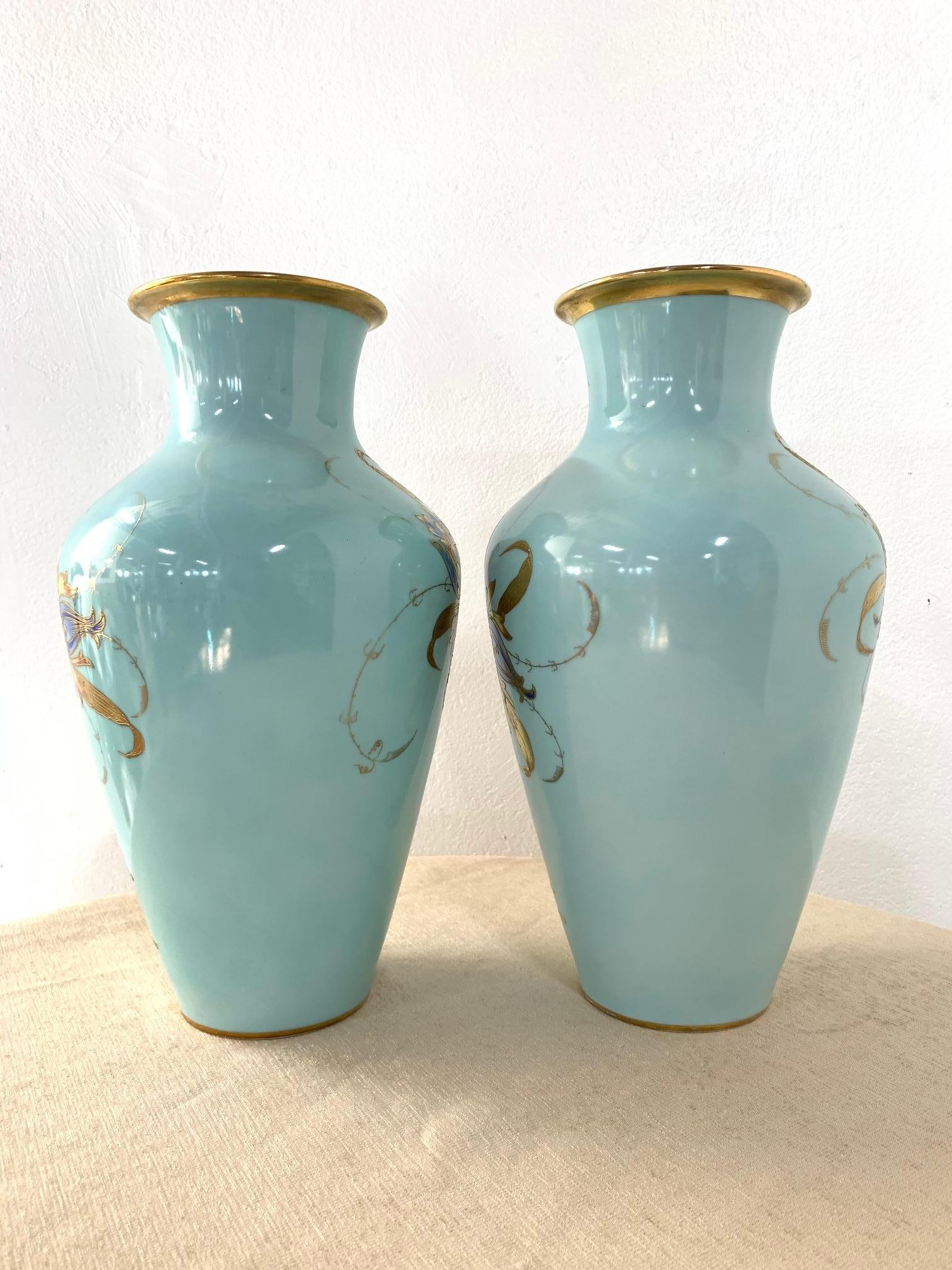 German Pair of Decorative Hand Painted Ceramic Vases For Sale