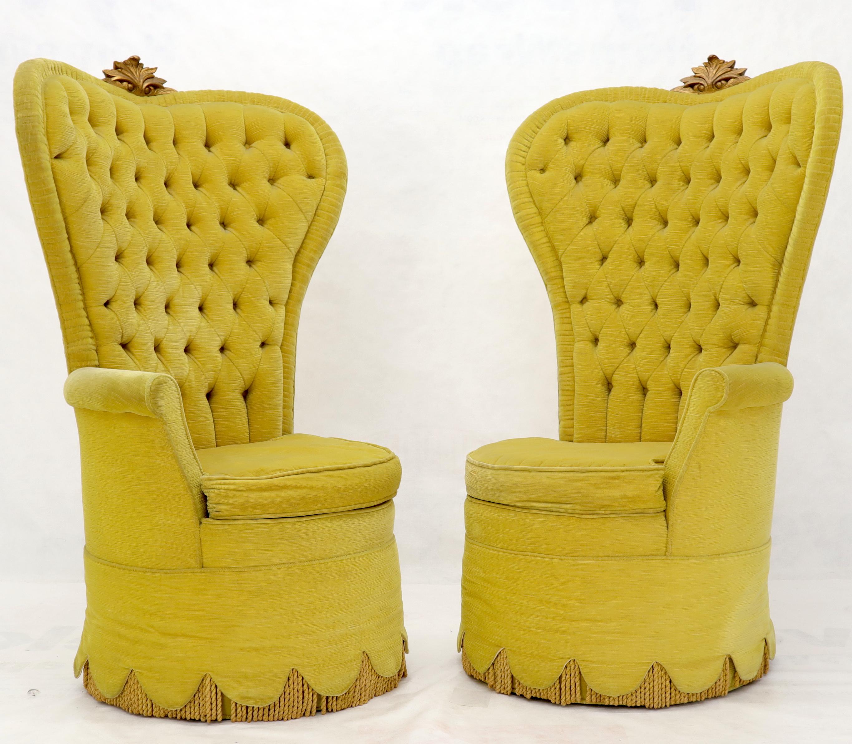 Hollywood Regency pre Mid-Century Modern rare pair of tall backs decorative fireside lounge chairs in yellow green velvet fabric. Original upholstery.