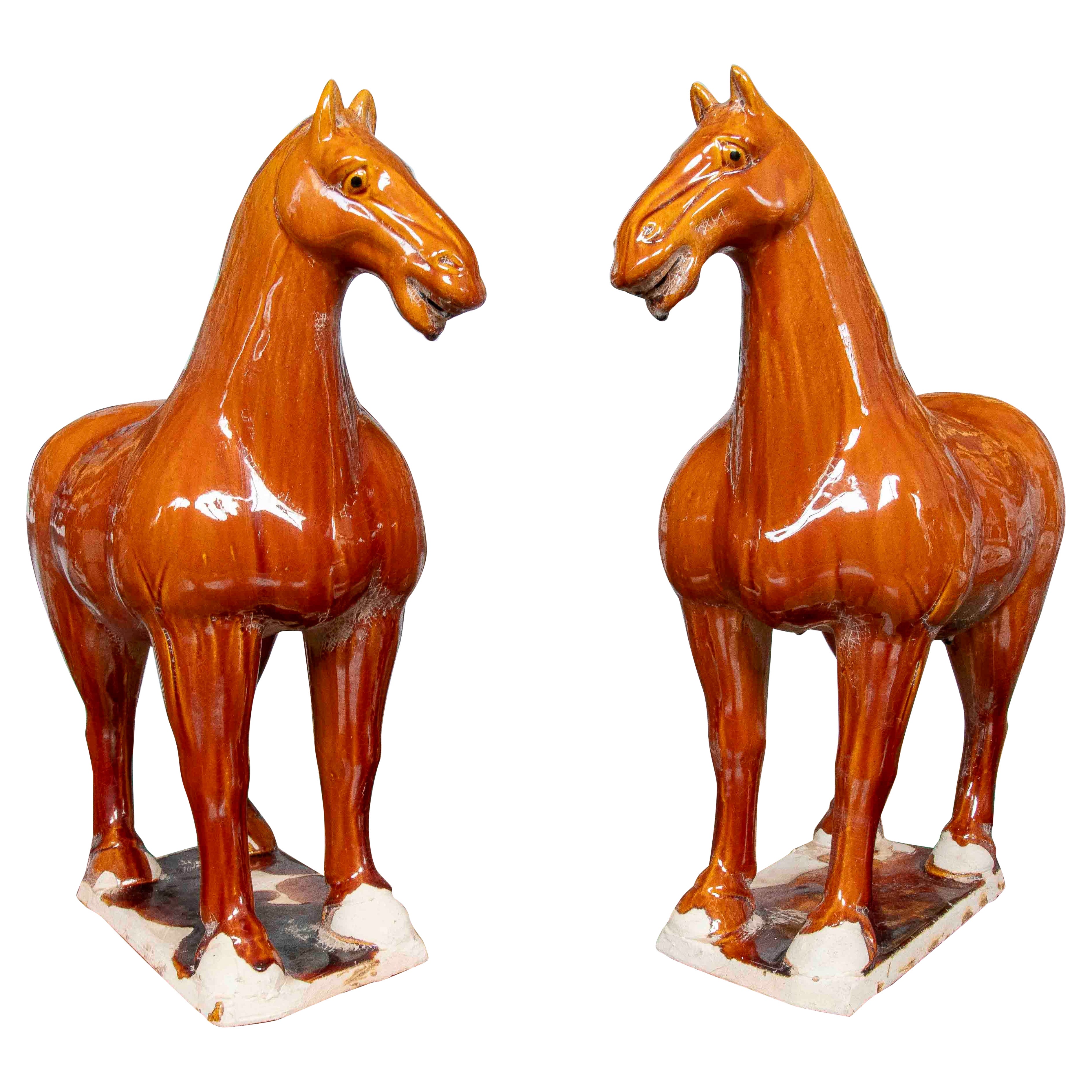 Pair of Decorative Horses Eenamelled in Glazed Brown For Sale