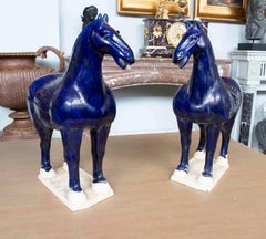 Pair of Decorative Horses in Blue Glazed Ceramic