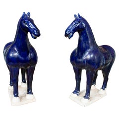 Pair of Decorative Horses in Blue Glazed Ceramic