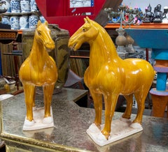 Pair of Decorative Horses in Ochre Glazed Ceramic