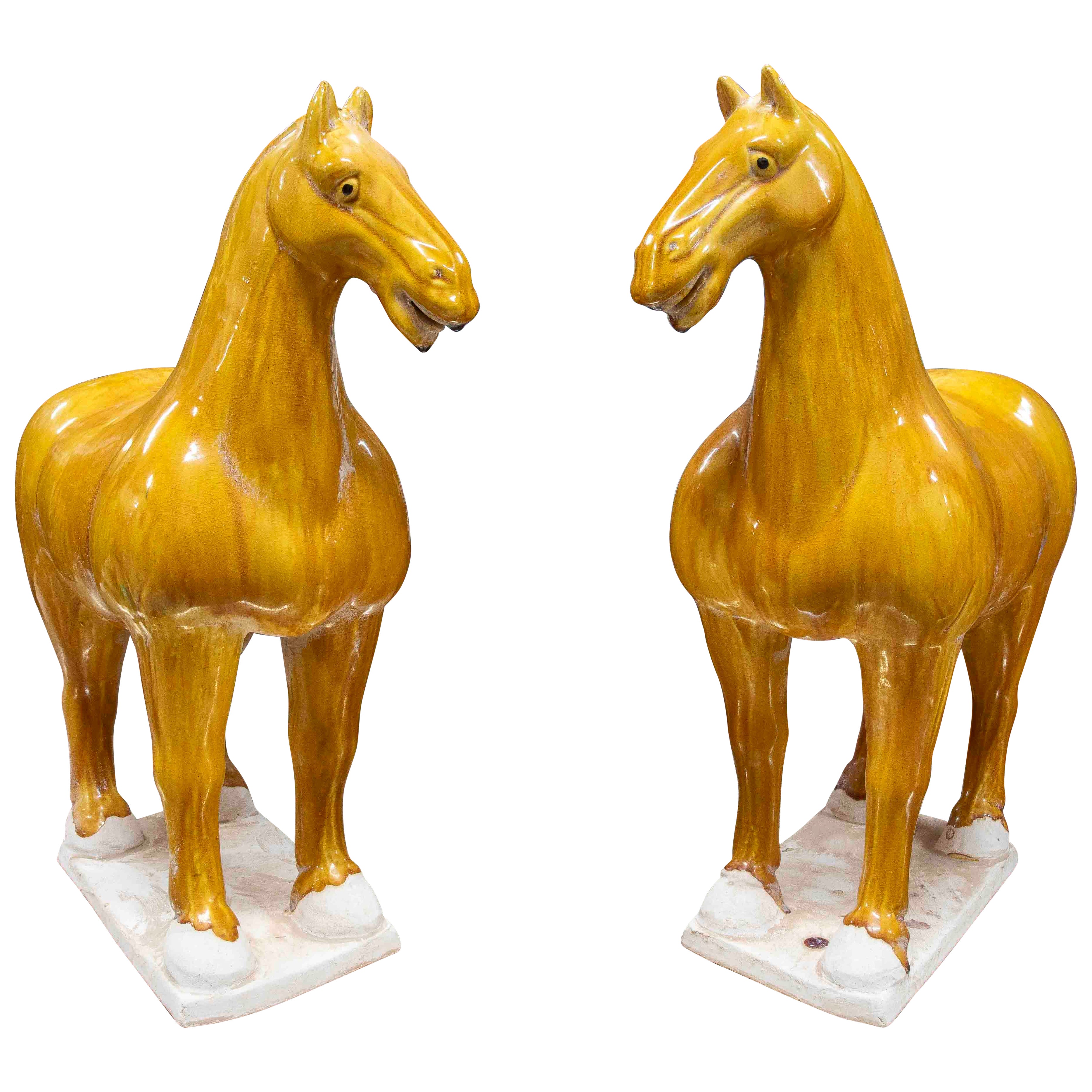 Pair of Decorative Horses in Ochre Glazed Ceramic For Sale