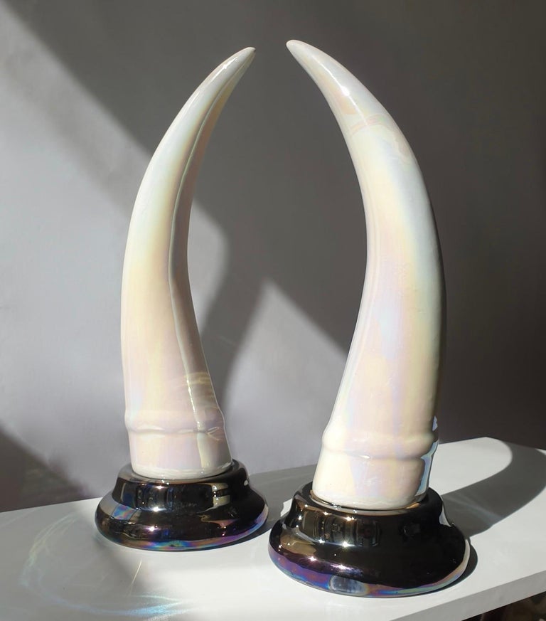 Pair of Decorative Iridescent Ceramic 'Elephant Tusk' Horn For Sale at