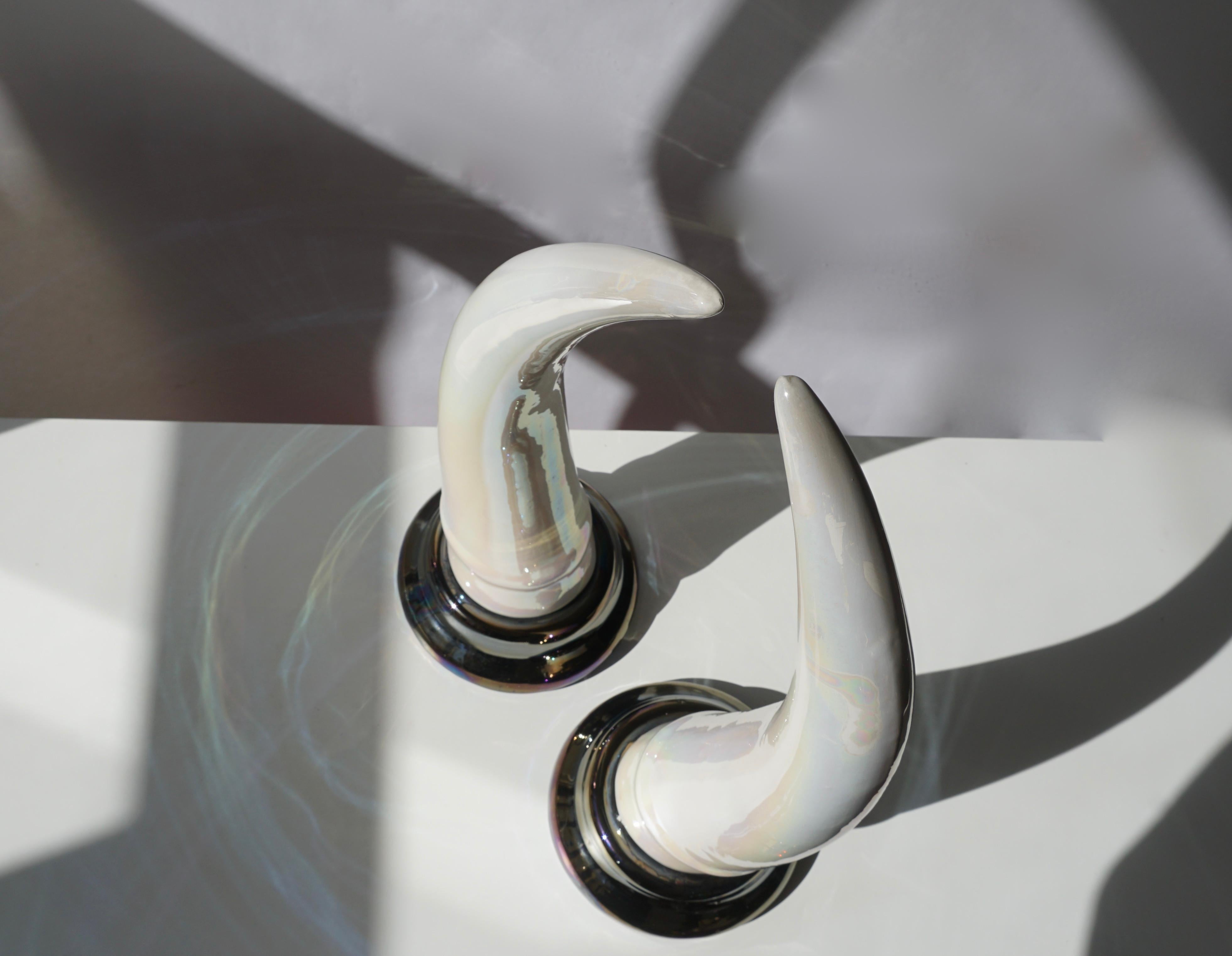 Hollywood Regency Pair of Decorative Iridescent Ceramic 'Elephant Tusk' Horn For Sale