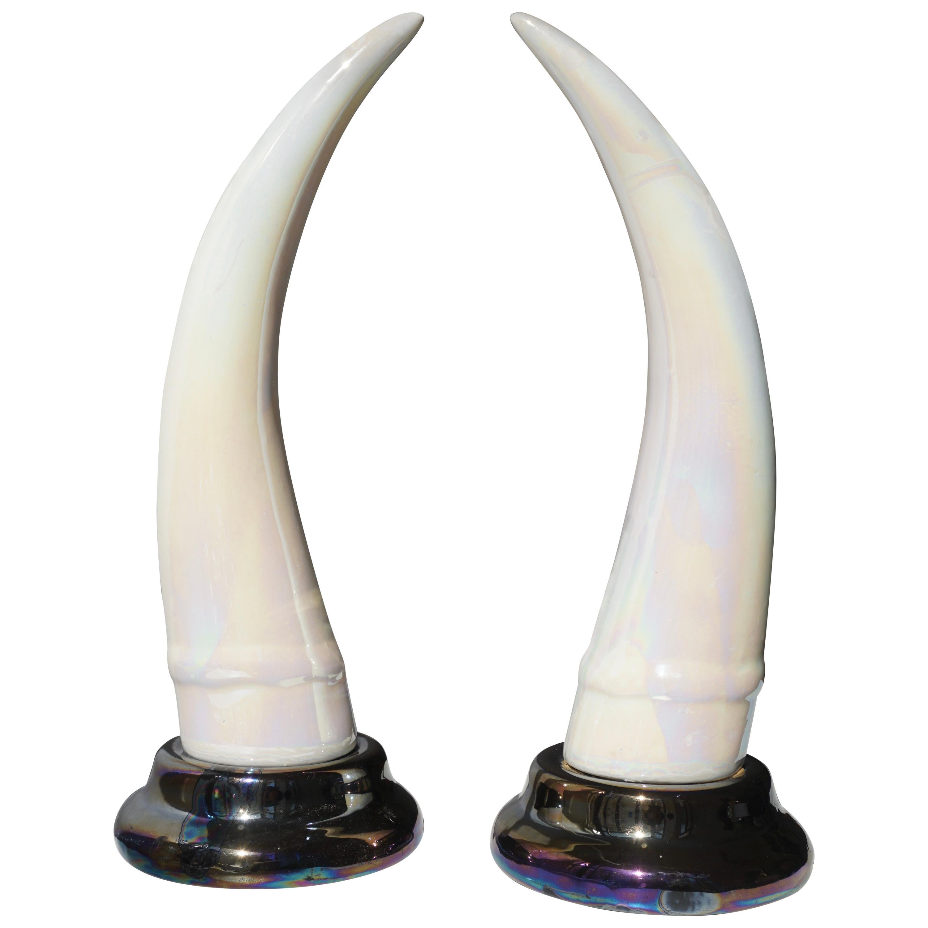 Pair of Decorative Iridescent Ceramic 'Elephant Tusk' Horn For Sale