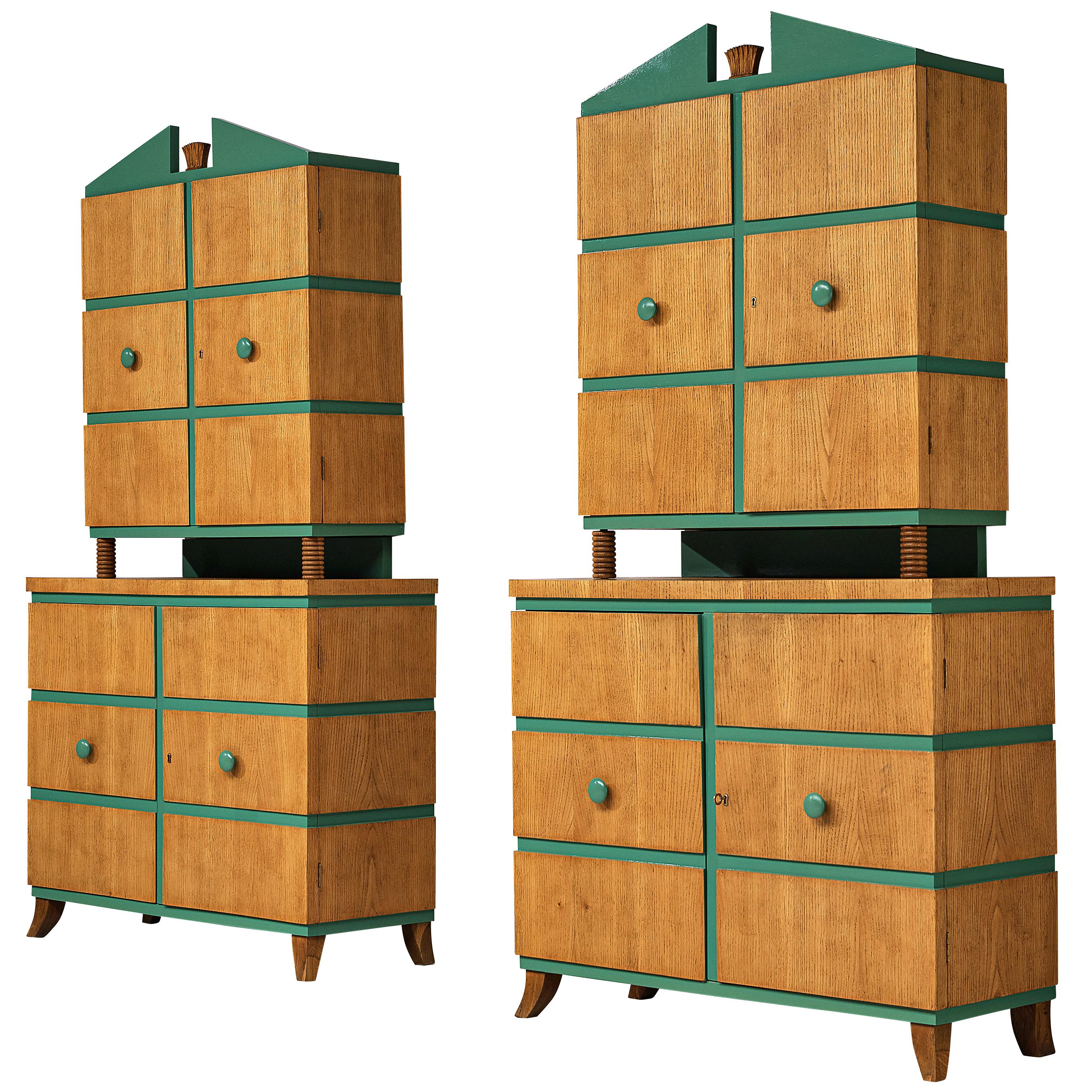 Pair of Decorative Italian Cabinets in Oak