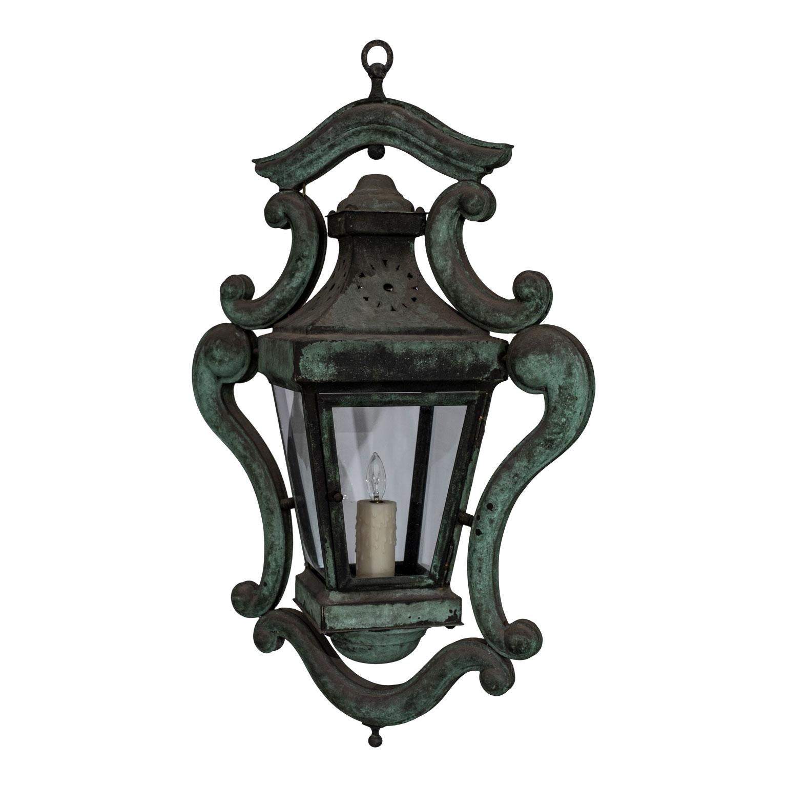 Decorative Italian Verdigris copper lantern, circa 1880-1920. Copper exterior over a heavy metal interior. Beautiful verdigris patina. Nice large scale. Newly wired for use within the USA (single candelabra-size sockets) using UL listed parts.