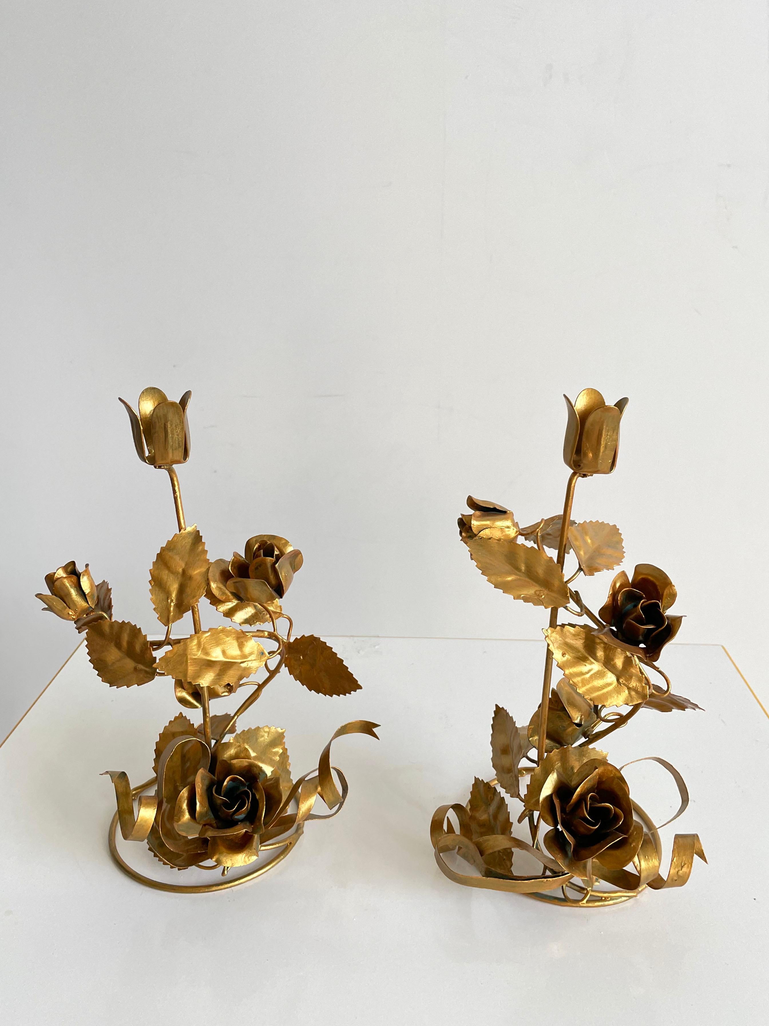 Hollywood Regency Pair of Decorative Italian Gilt Gold Tole Metal Delicate Floral Candlesticks  For Sale