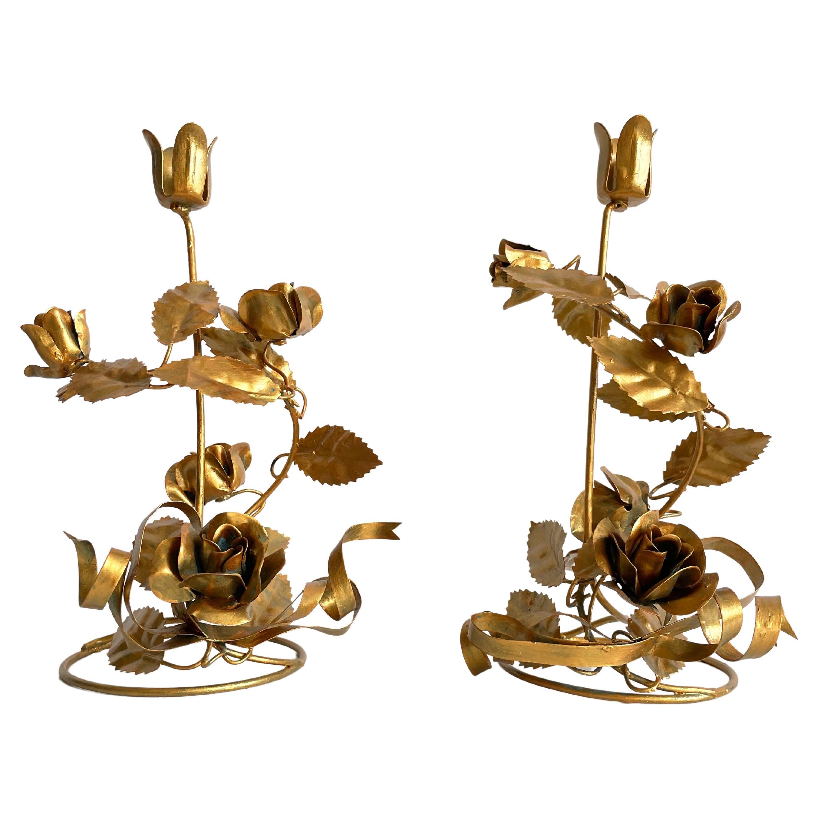 Pair of Decorative Italian Gilt Gold Tole Metal Delicate Floral Candlesticks  For Sale