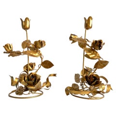 Vintage Pair of Decorative Italian Gilt Gold Tole Metal Delicate Floral Candlesticks 