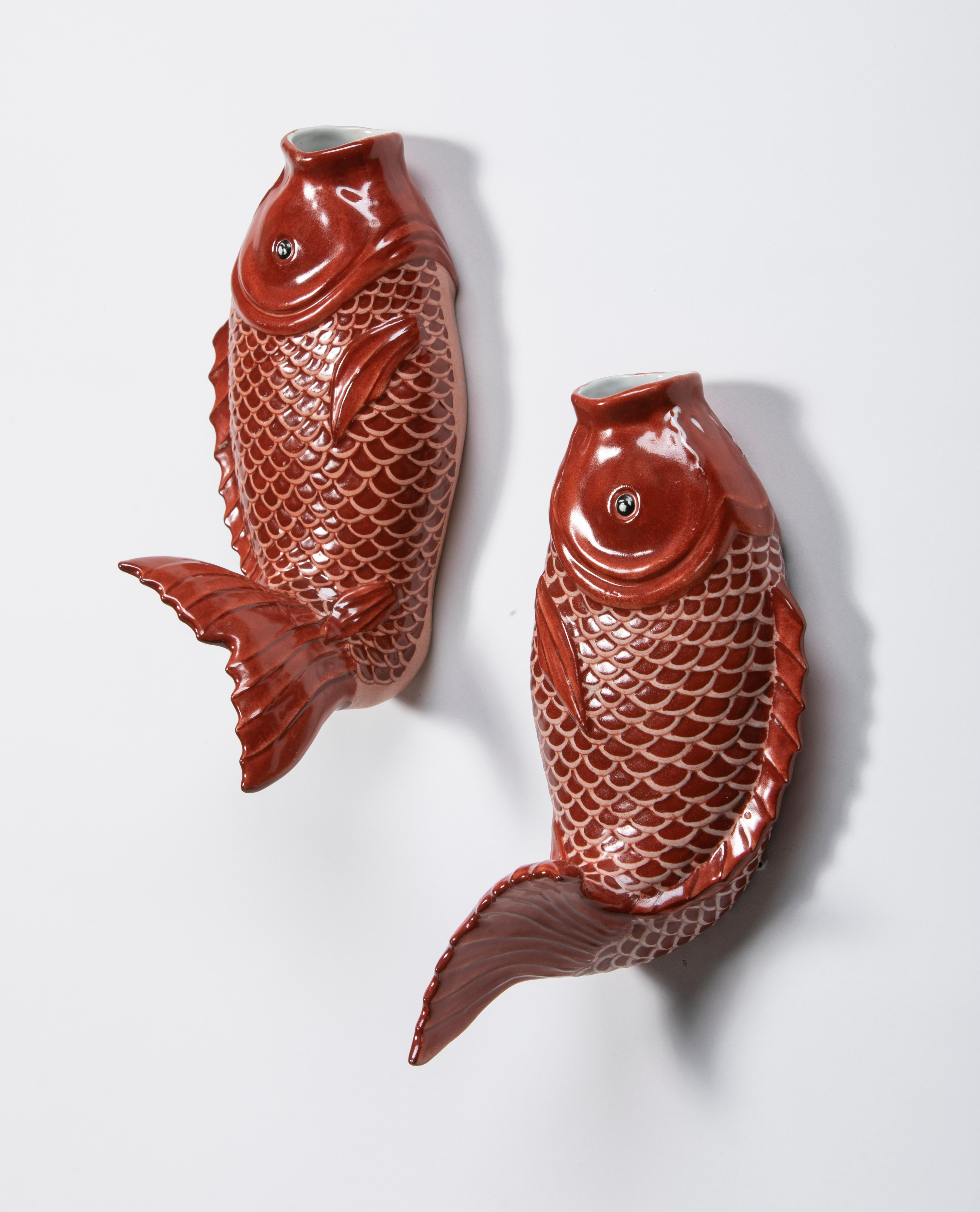 Glazed Pair of Decorative Koi Wall Pockets For Sale