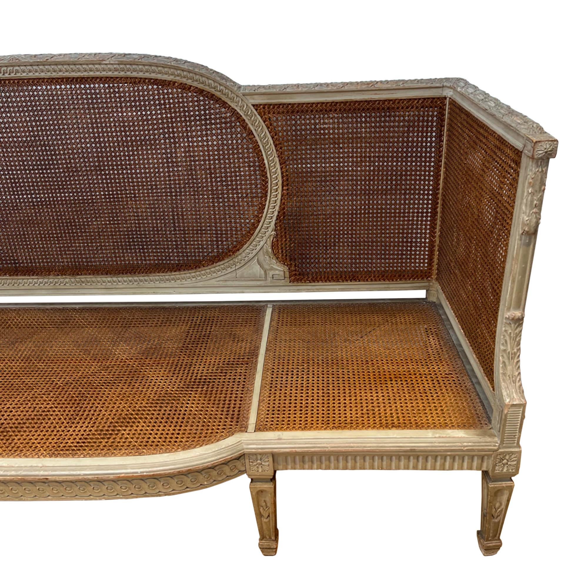 Hand-Carved Pair of Decorative Maison Jansen Style French 1940s Caned Sofas For Sale
