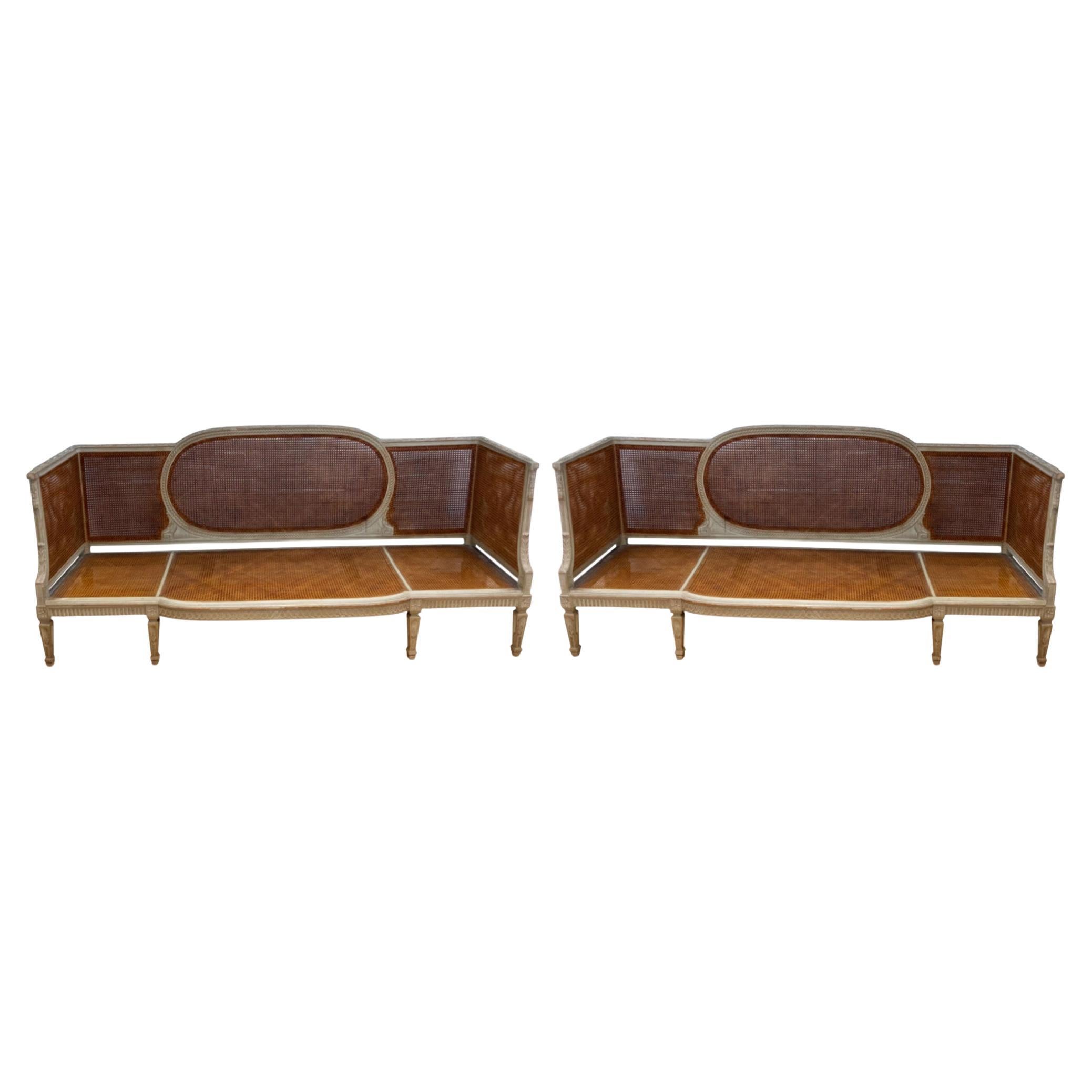 Pair of Decorative Maison Jansen Style French 1940s Caned Sofas