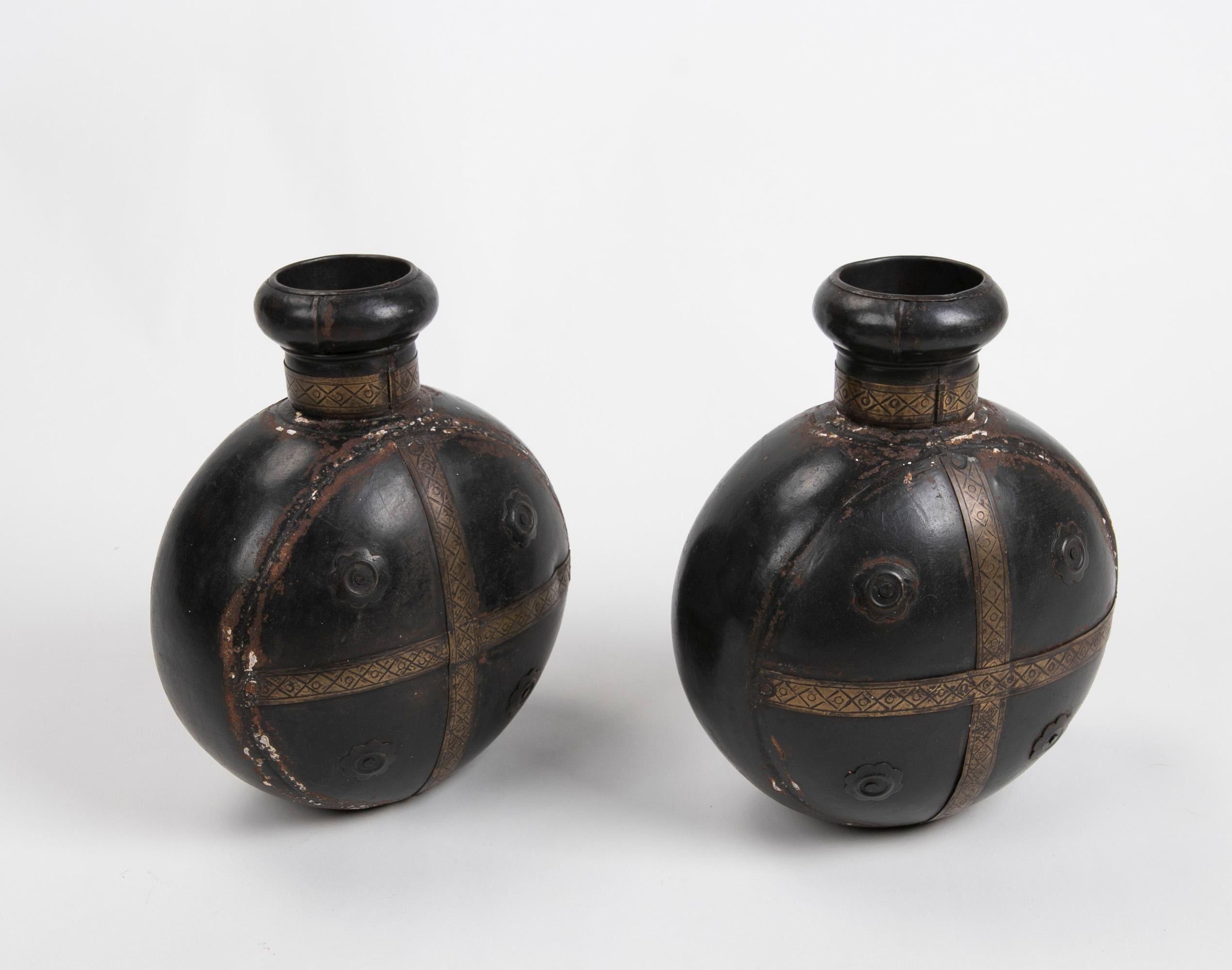 Asian Pair of Decorative Metal Bottles with Decoration  For Sale